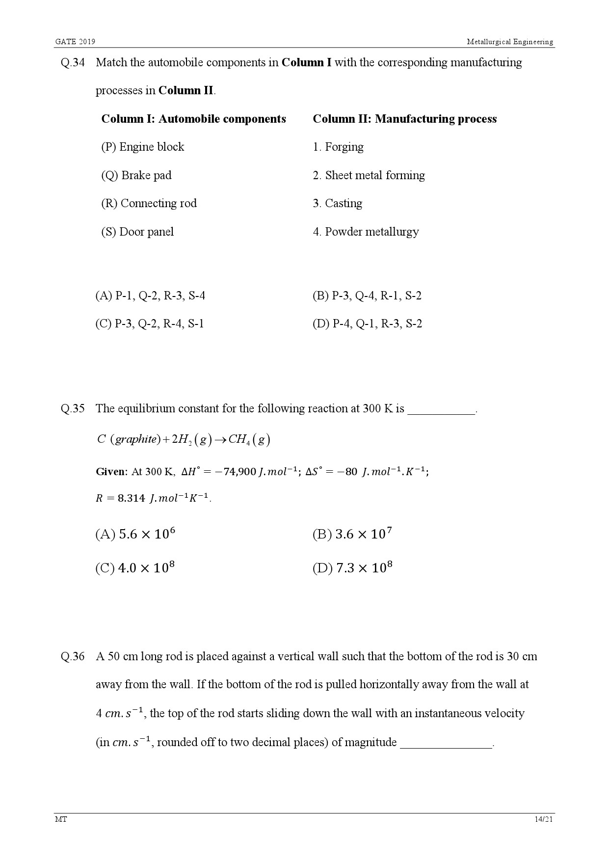 GATE Exam Question Paper 2019 Metallurgical Engineering 17