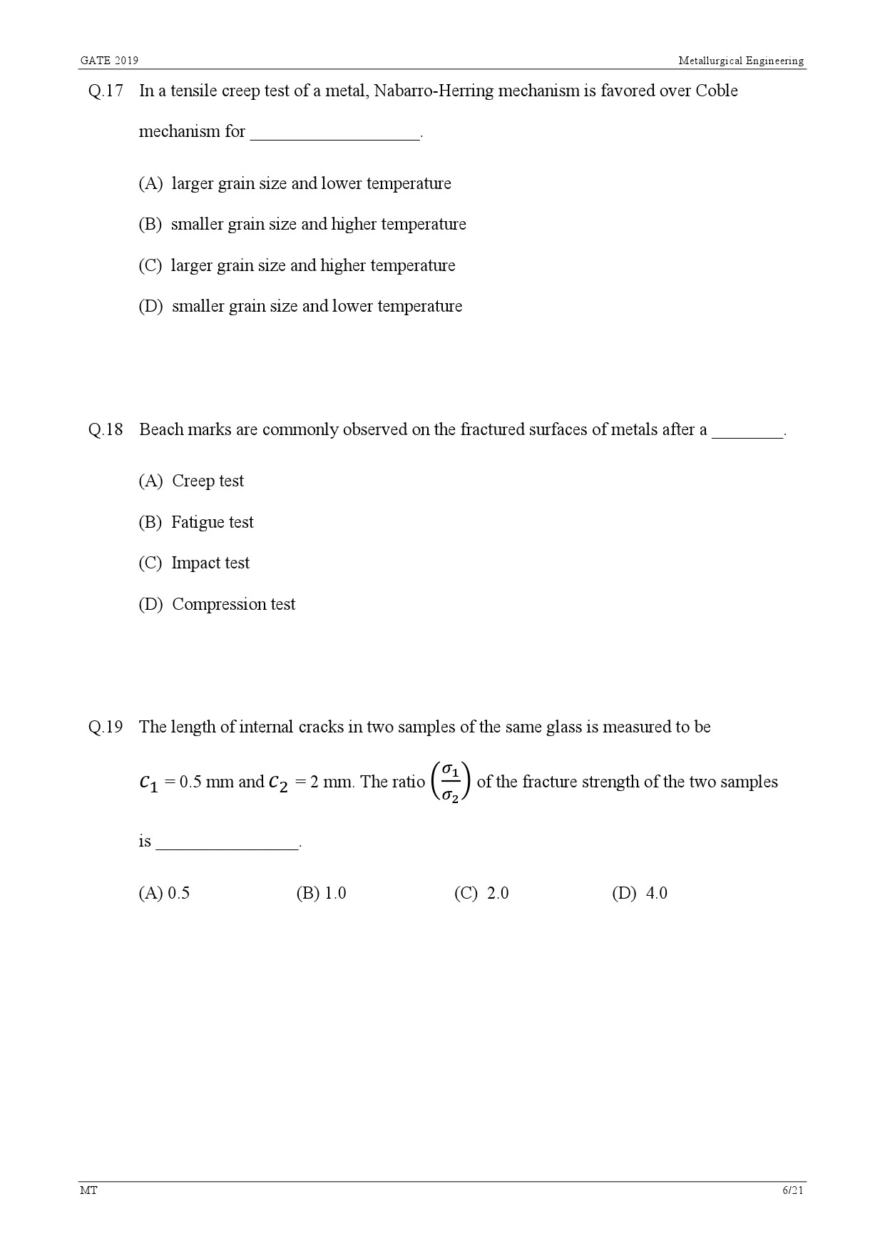 GATE Exam Question Paper 2019 Metallurgical Engineering 9