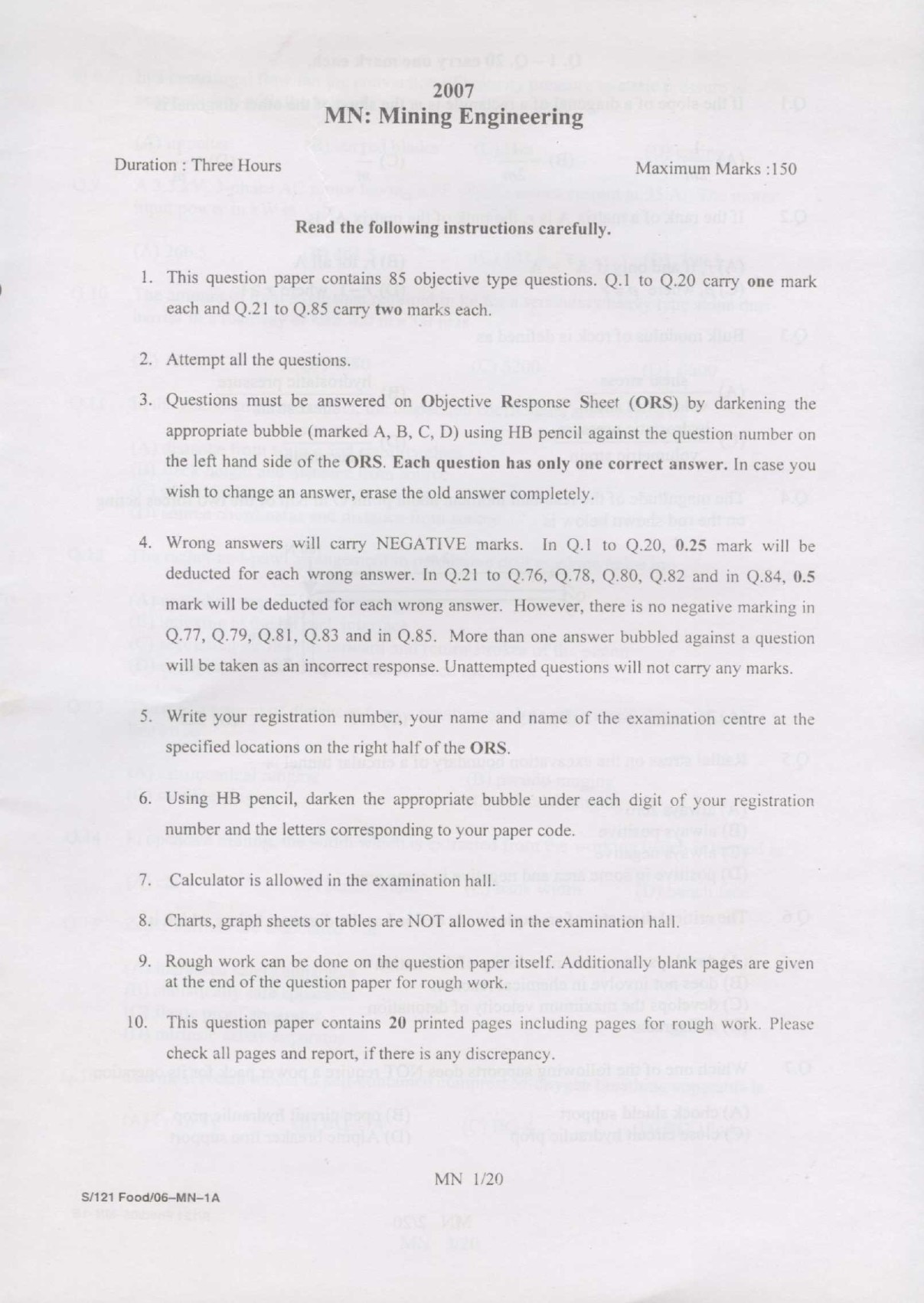 GATE Exam Question Paper 2007 Mining Engineering 1
