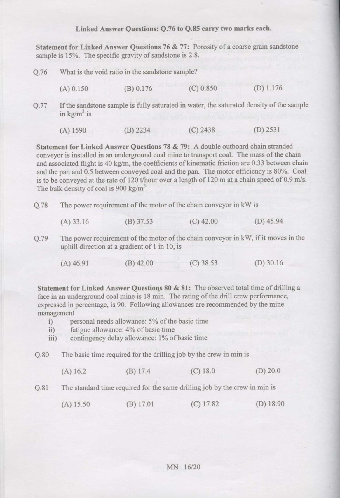 GATE Exam Question Paper 2007 Mining Engineering 16