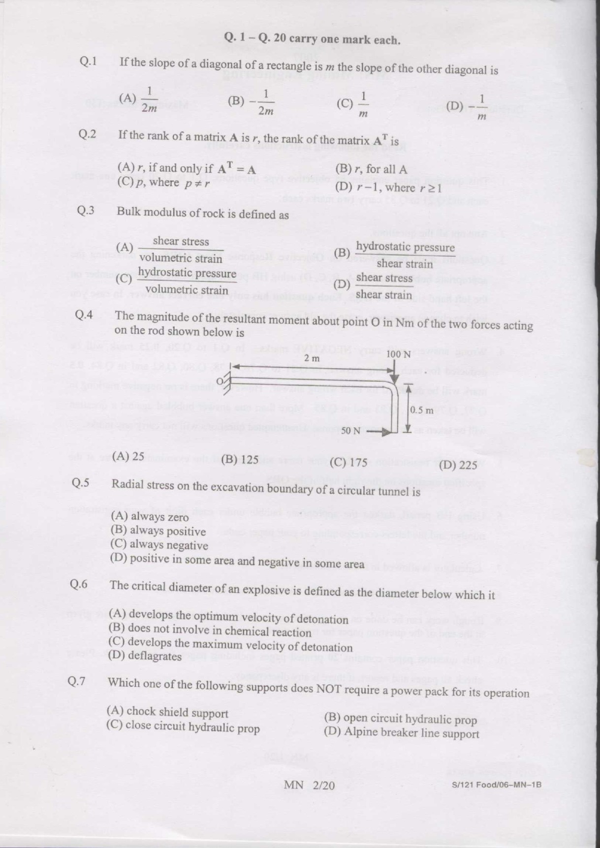 GATE Exam Question Paper 2007 Mining Engineering 2