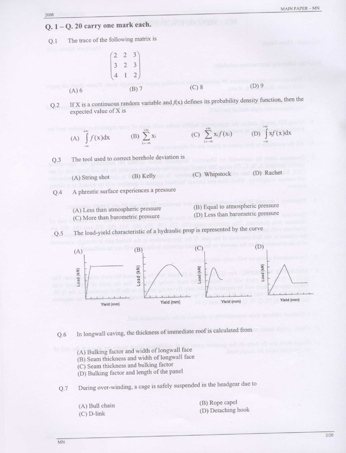 GATE Exam Question Paper 2008 Mining Engineering 2