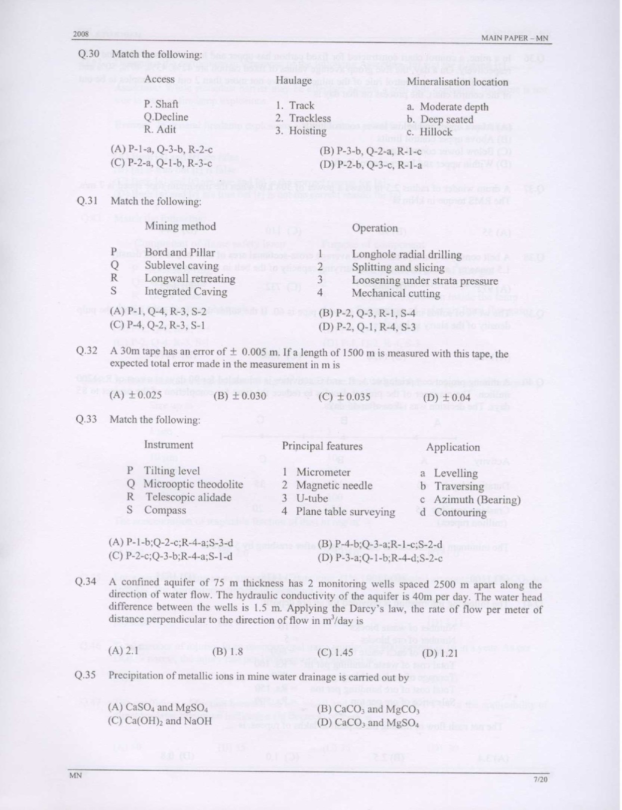 GATE Exam Question Paper 2008 Mining Engineering 7