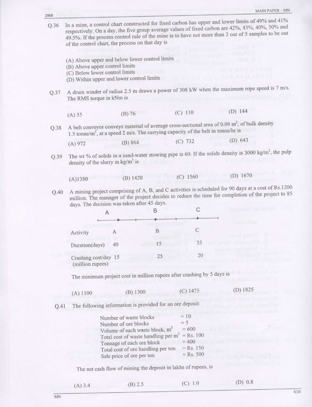 GATE Exam Question Paper 2008 Mining Engineering 8