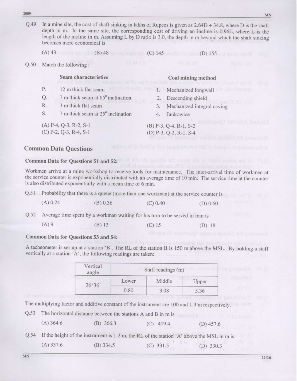 GATE Exam Question Paper 2009 Mining Engineering 11