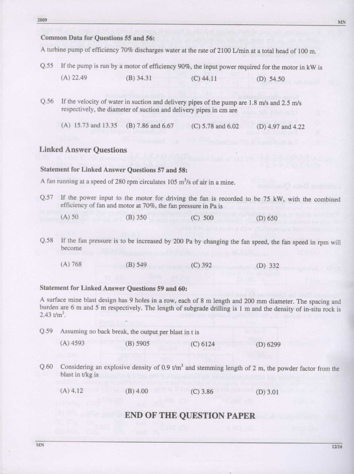 GATE Exam Question Paper 2009 Mining Engineering 12