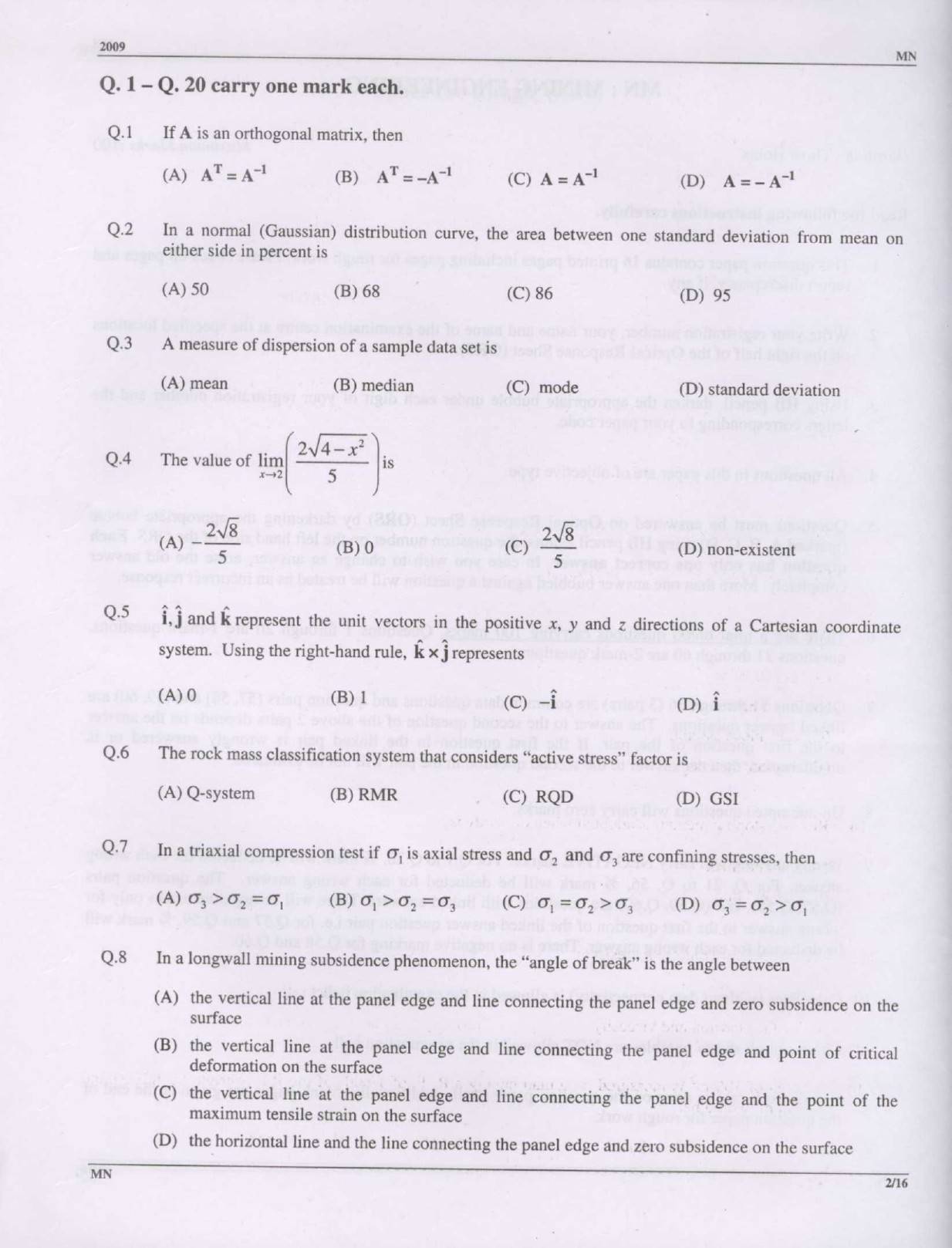 GATE Exam Question Paper 2009 Mining Engineering 2