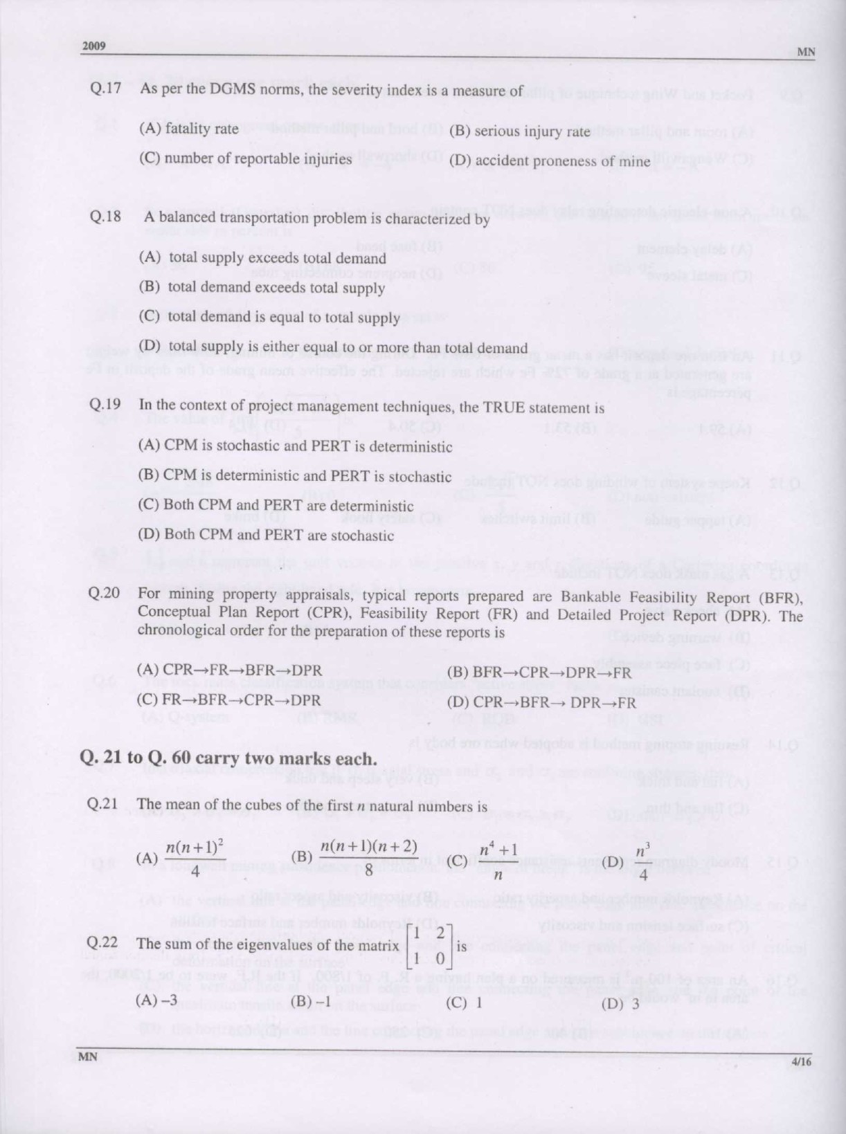 GATE Exam Question Paper 2009 Mining Engineering 4