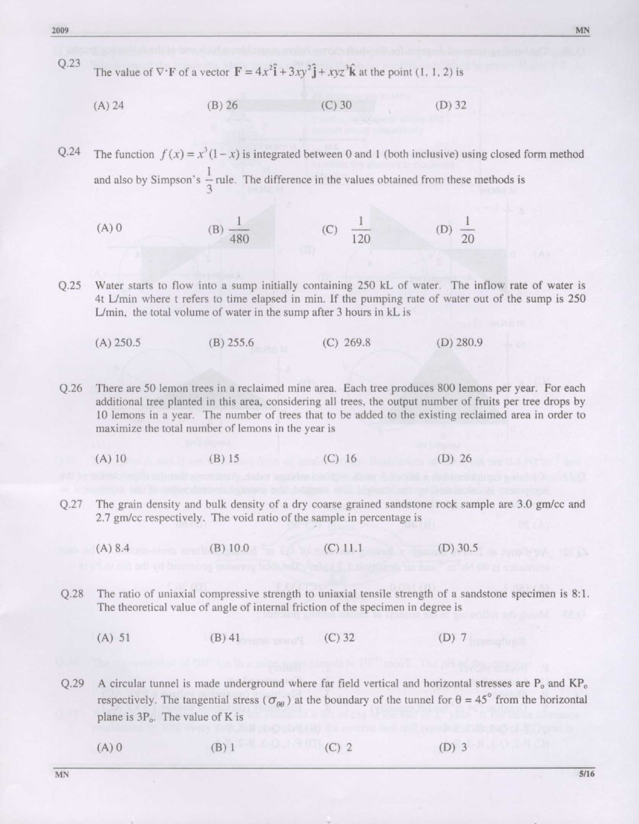 GATE Exam Question Paper 2009 Mining Engineering 5