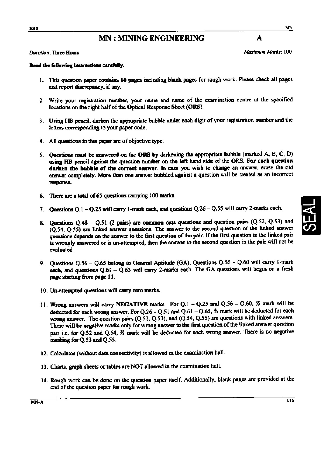GATE Exam Question Paper 2010 Mining Engineering 1