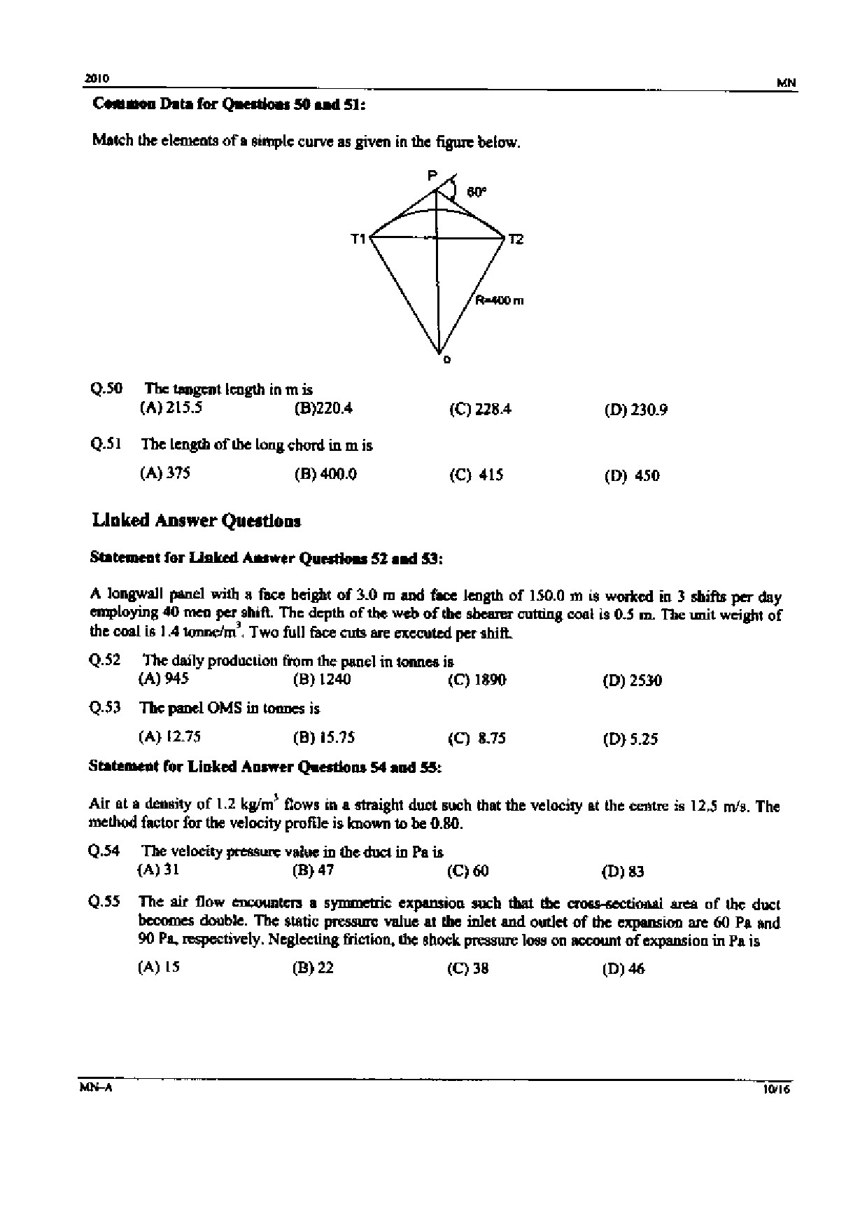 GATE Exam Question Paper 2010 Mining Engineering 10