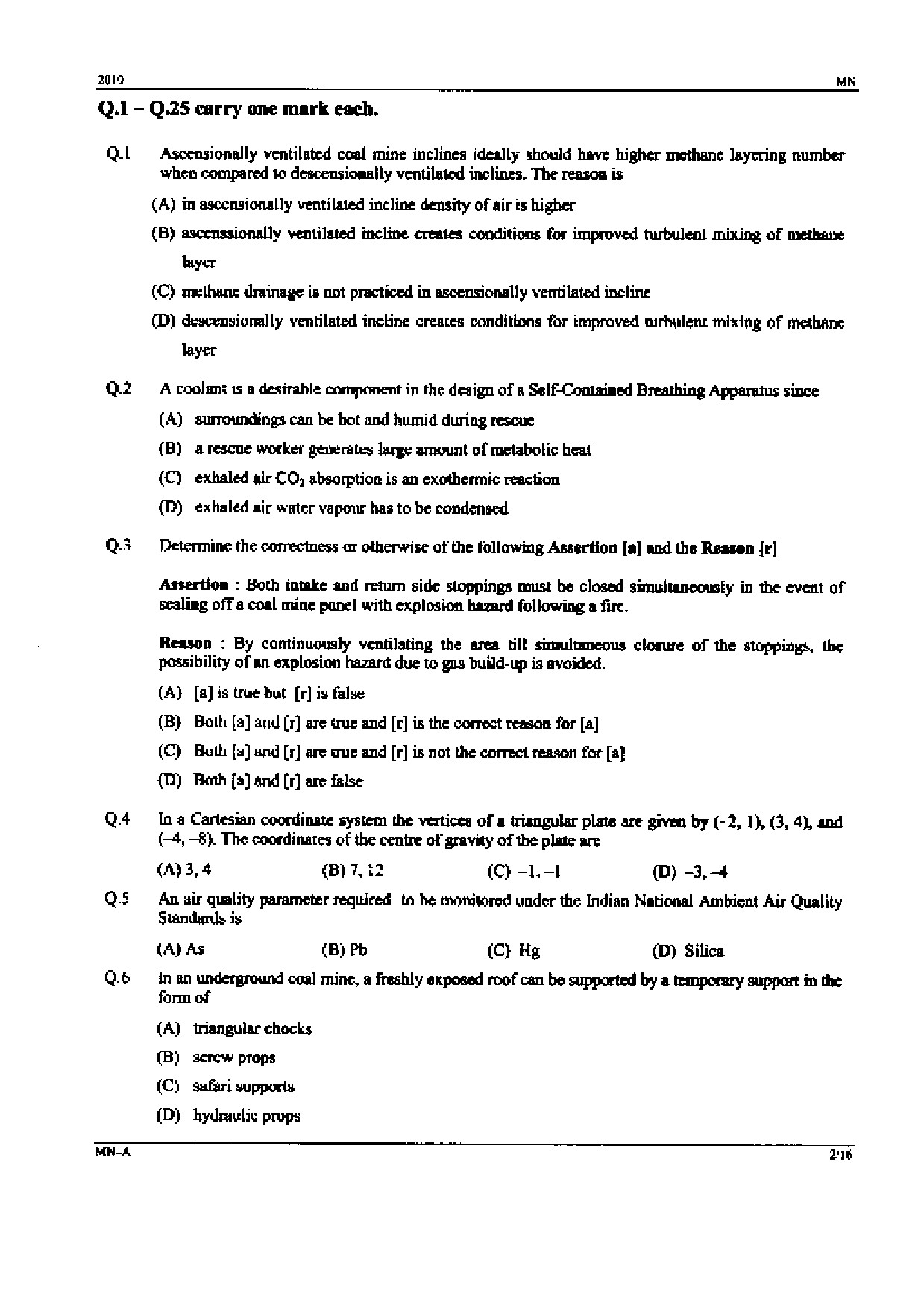 GATE Exam Question Paper 2010 Mining Engineering 2