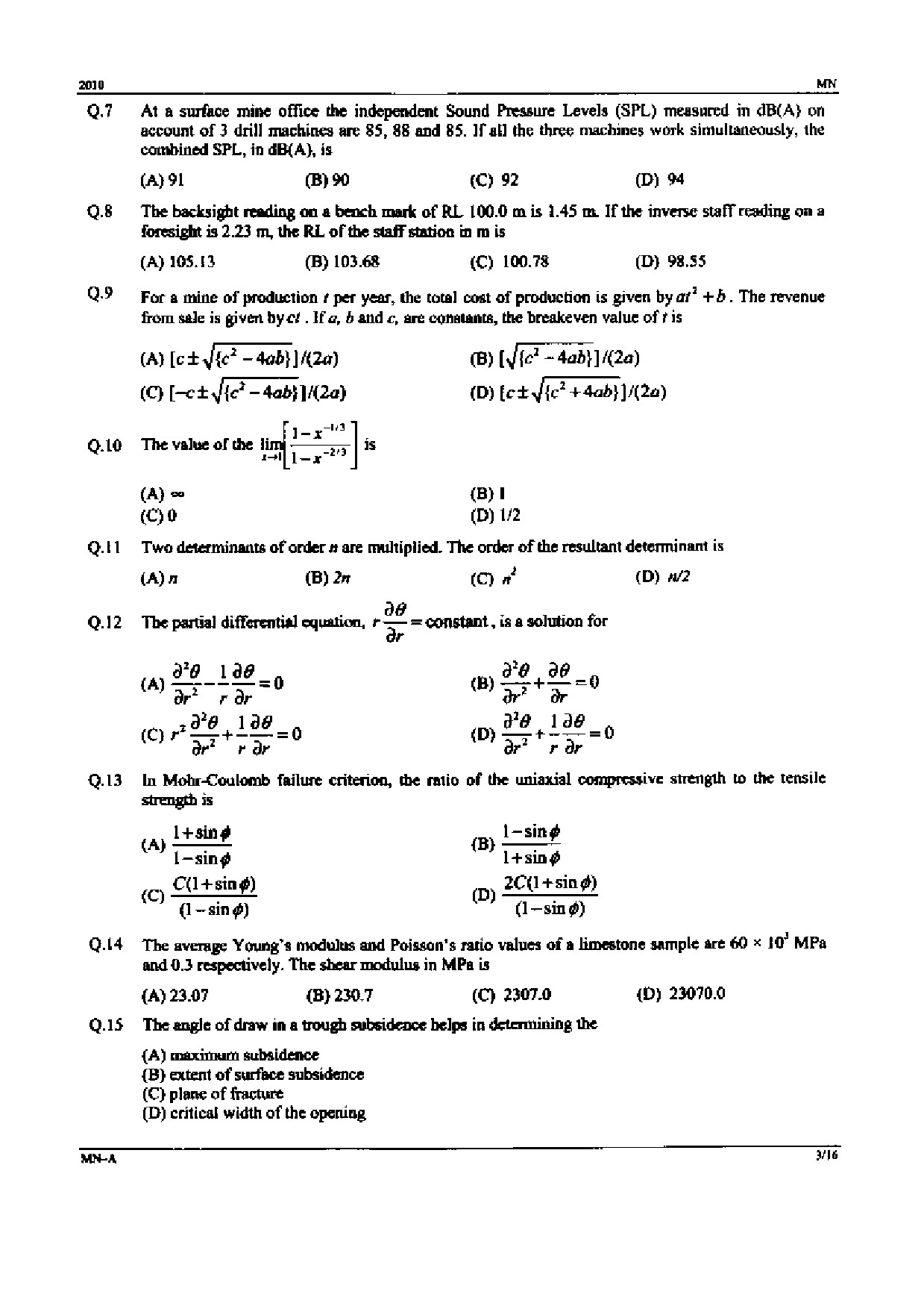 GATE Exam Question Paper 2010 Mining Engineering 3