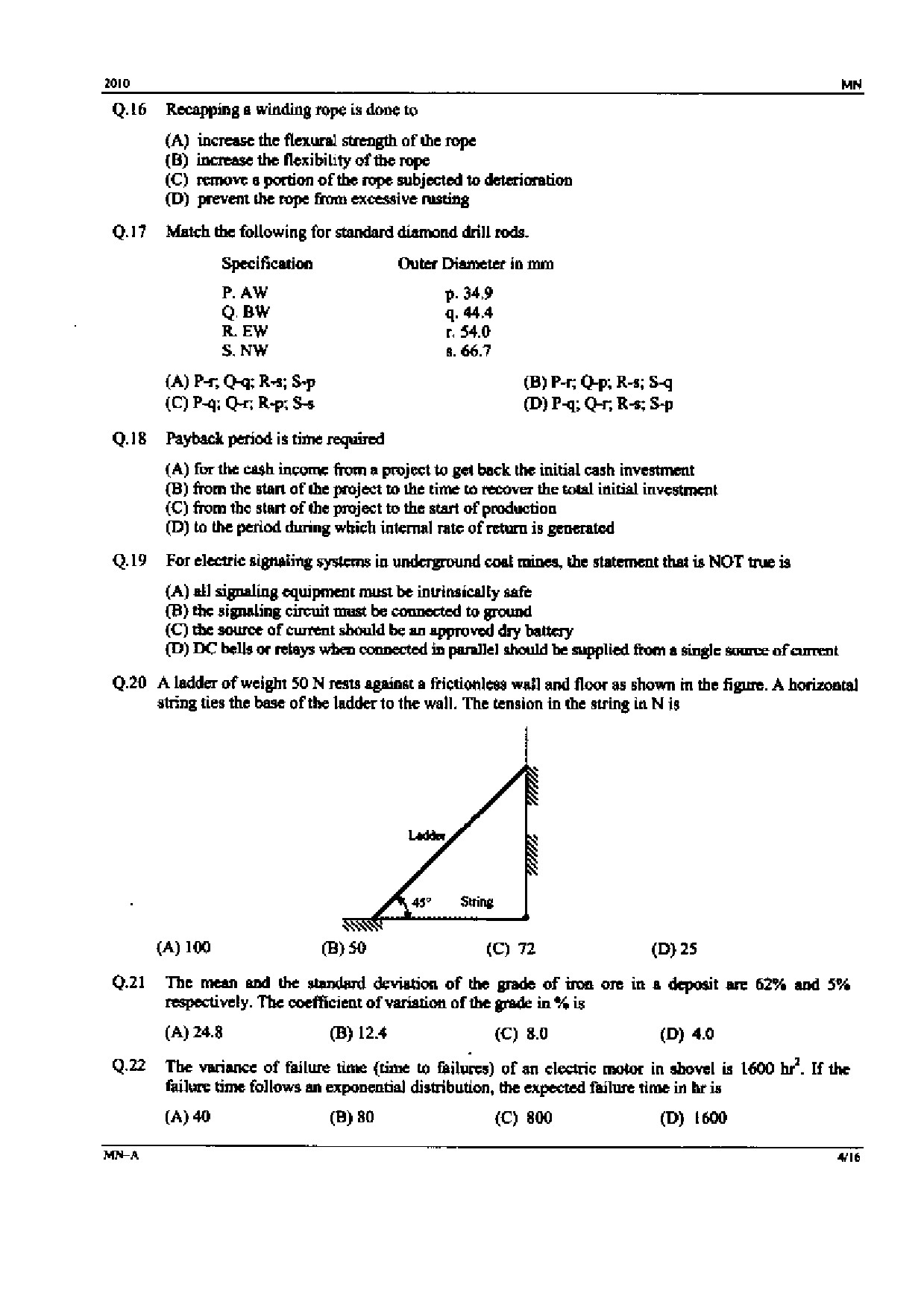 GATE Exam Question Paper 2010 Mining Engineering 4