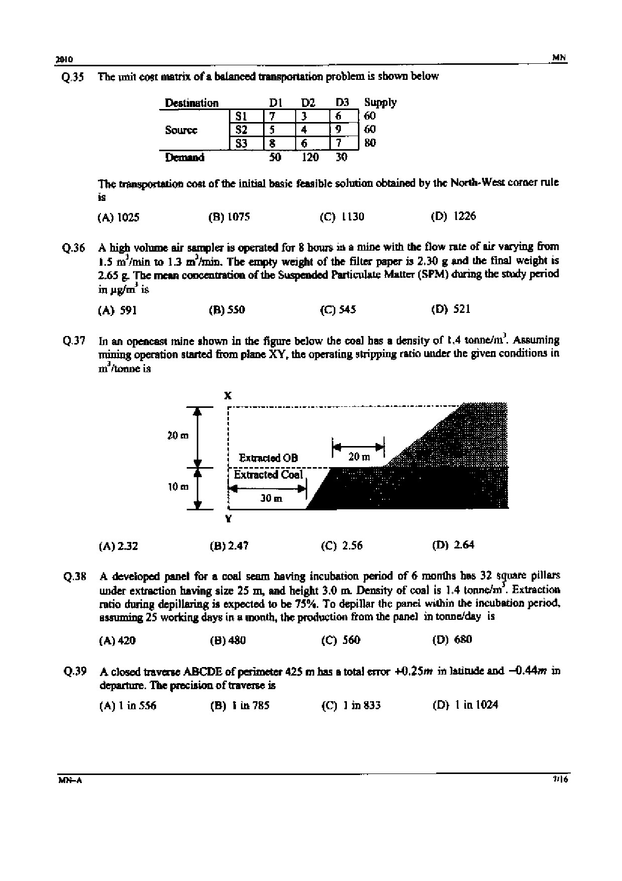 GATE Exam Question Paper 2010 Mining Engineering 7