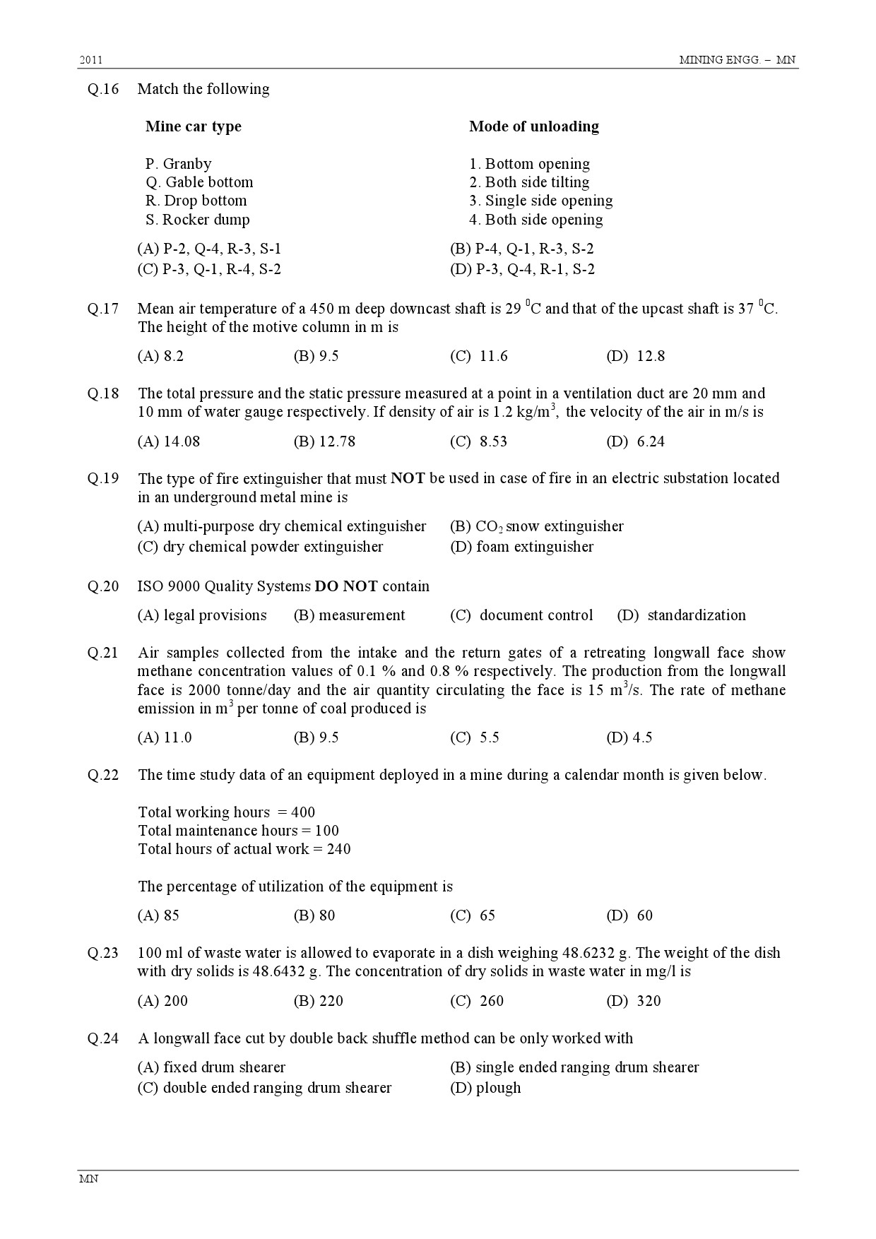 GATE Exam Question Paper 2011 Mining Engineering 4