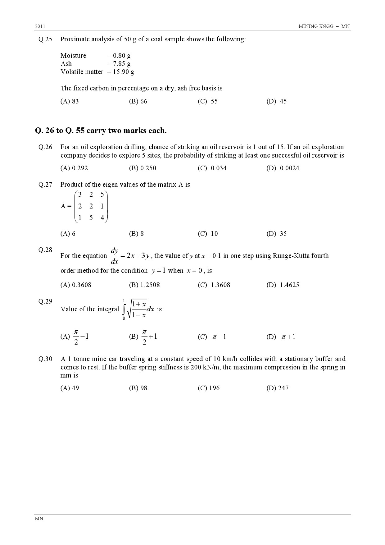 GATE Exam Question Paper 2011 Mining Engineering 5