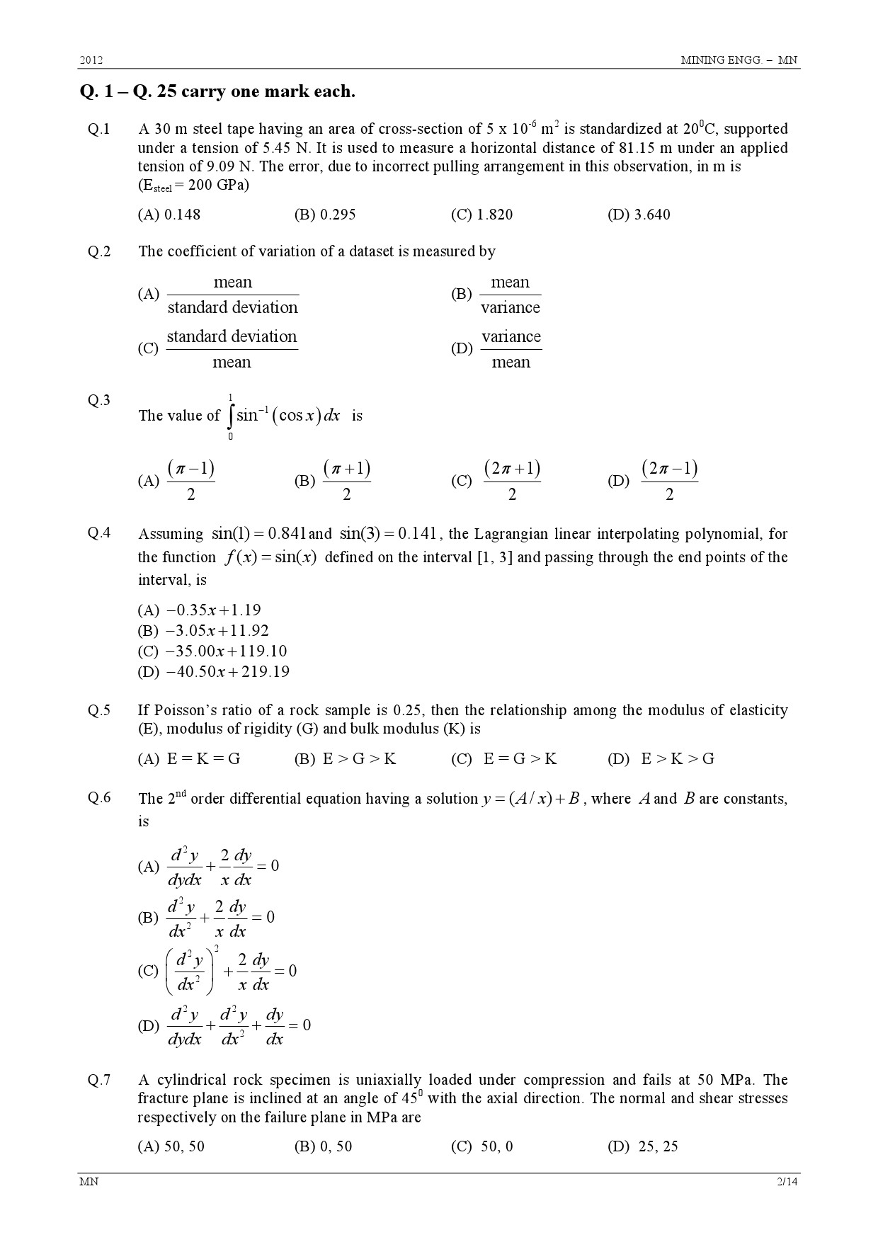 GATE Exam Question Paper 2012 Mining Engineering 2