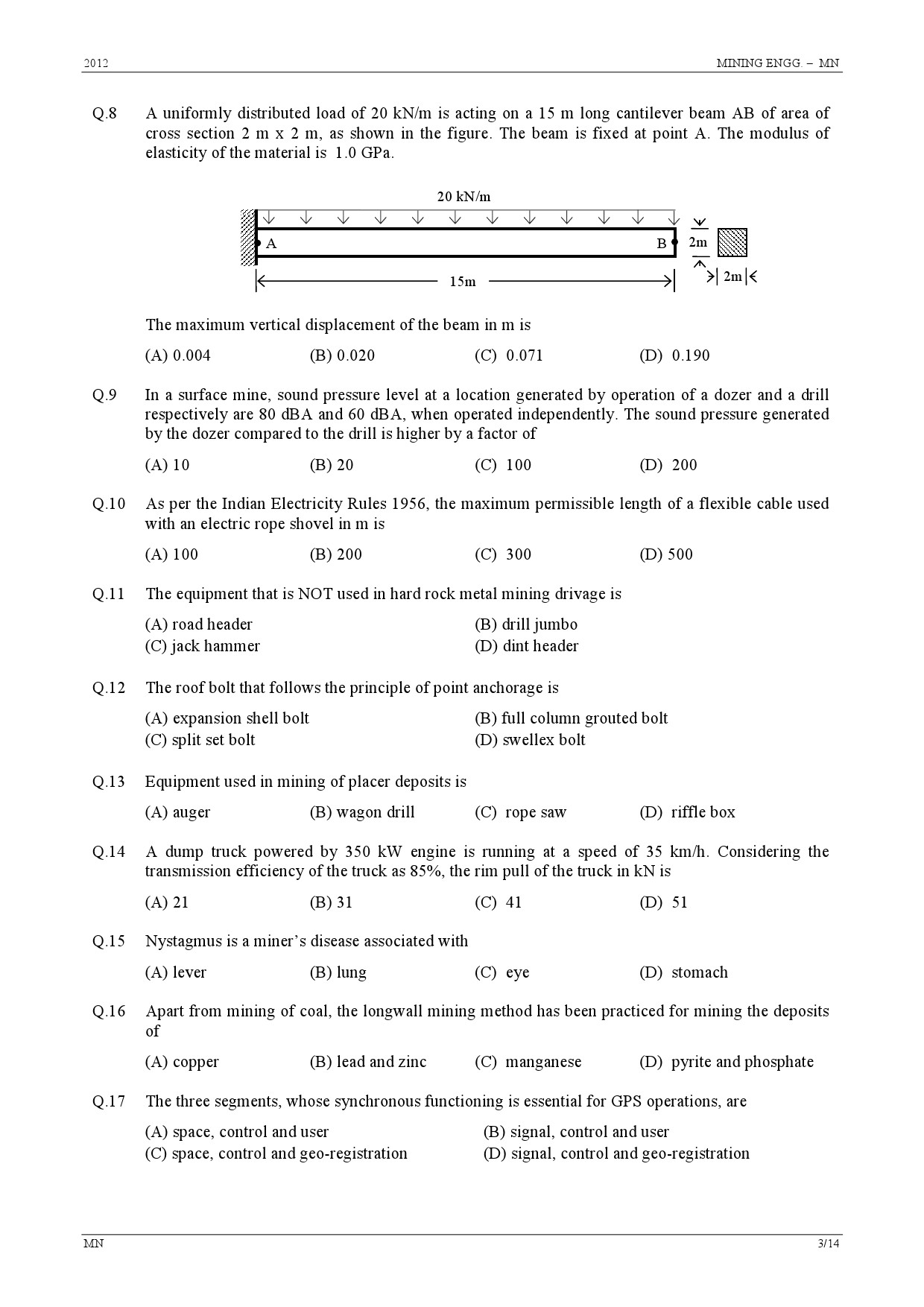 GATE Exam Question Paper 2012 Mining Engineering 3
