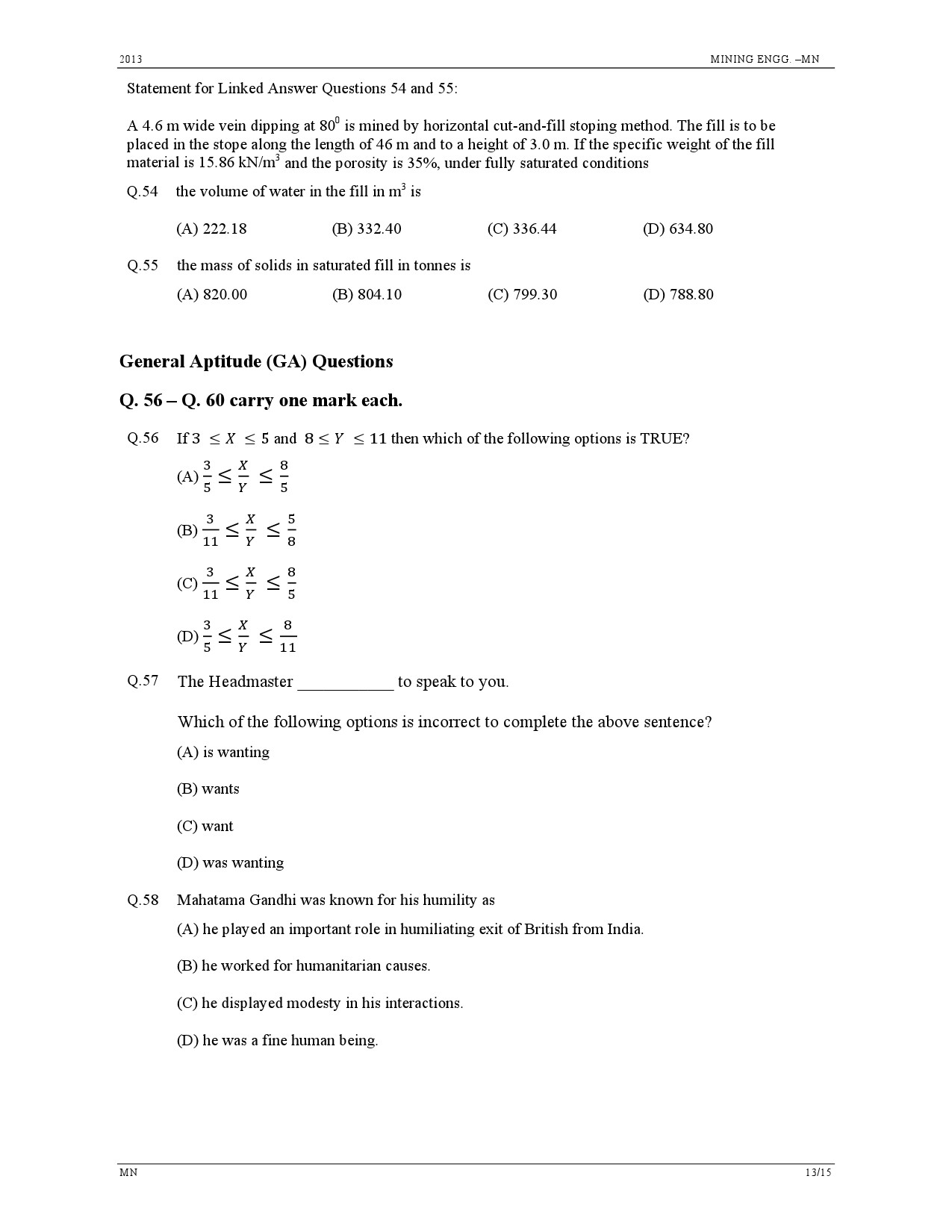 GATE Exam Question Paper 2013 Mining Engineering 13