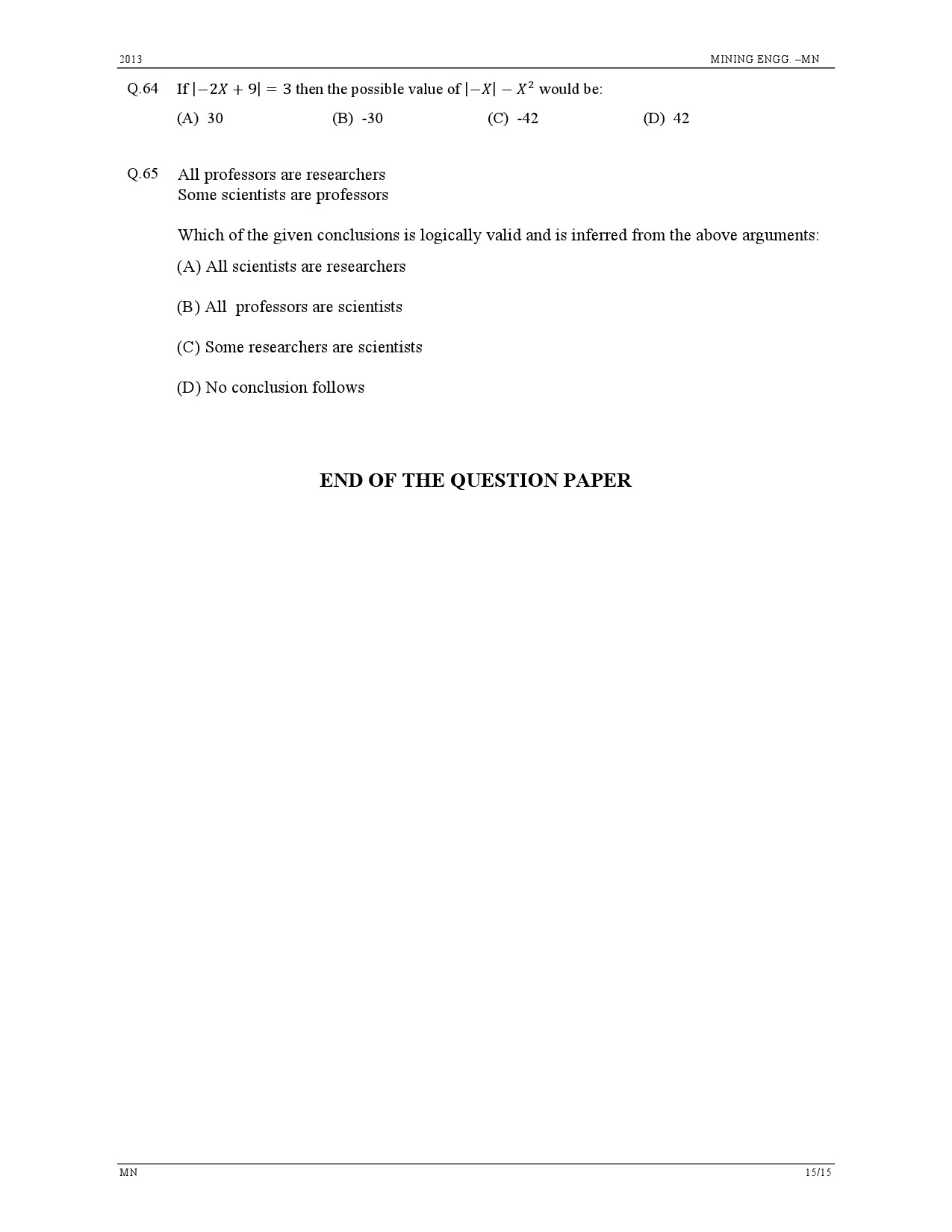 GATE Exam Question Paper 2013 Mining Engineering 15