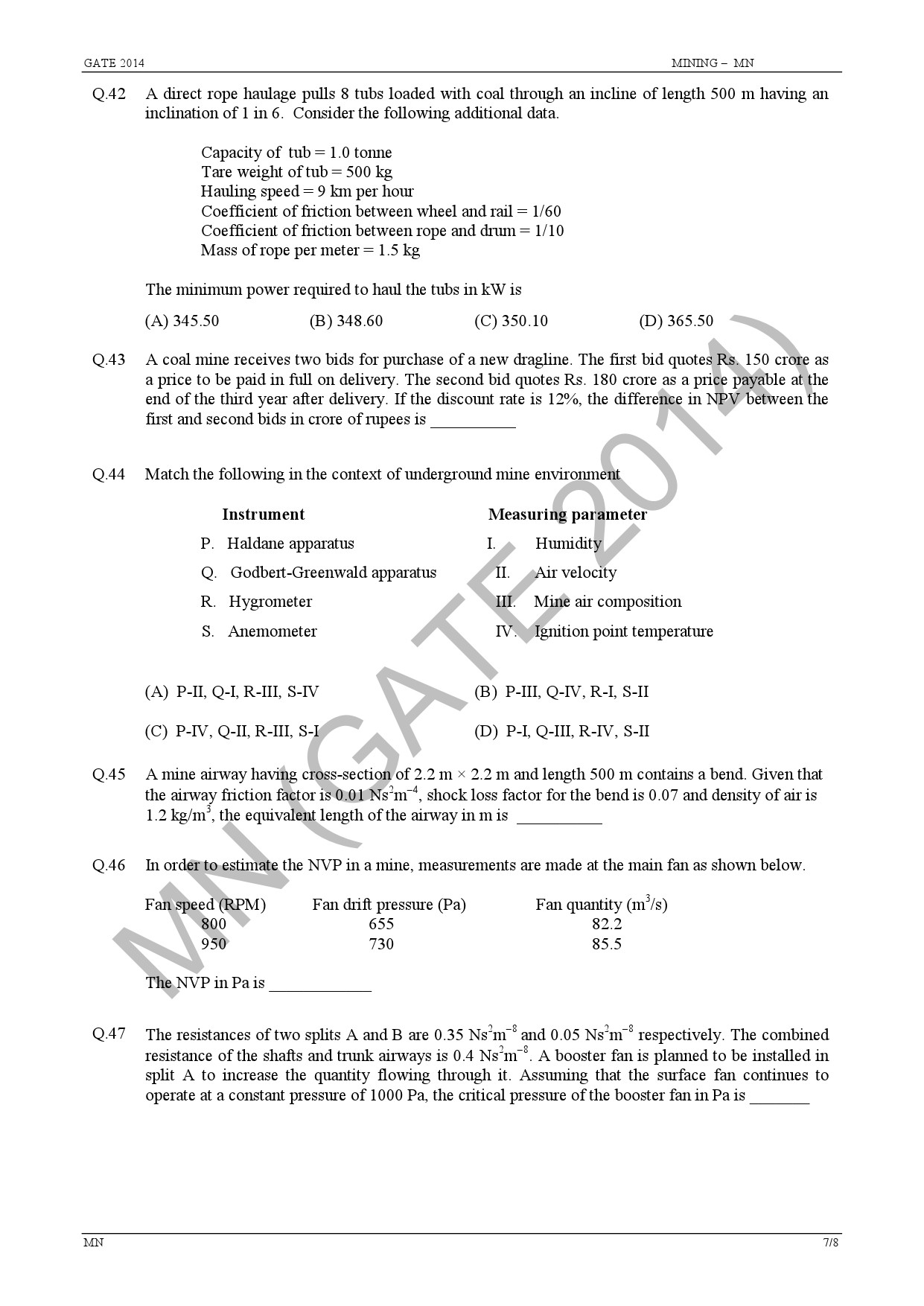GATE Exam Question Paper 2014 Mining Engineering 13