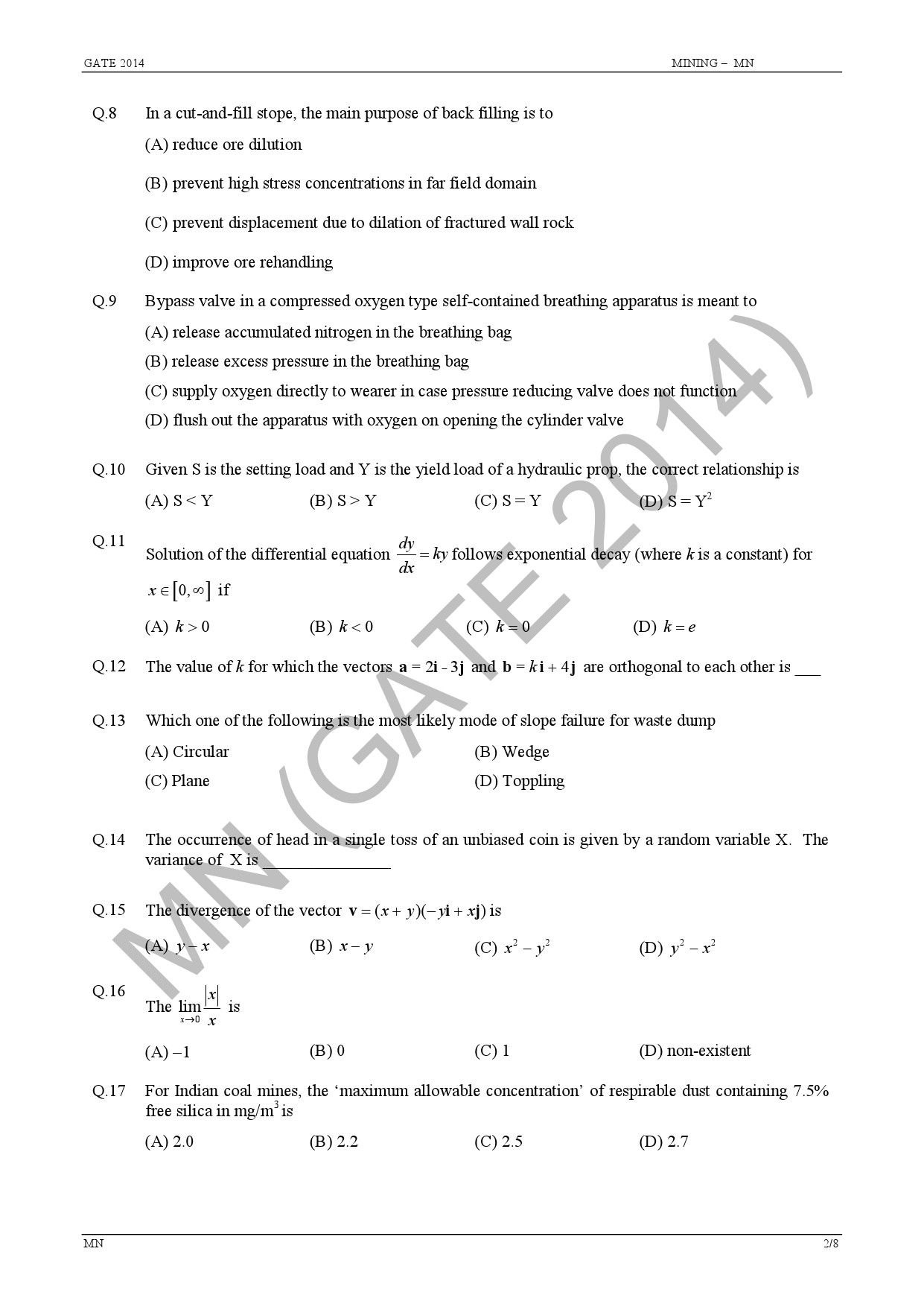 GATE Exam Question Paper 2014 Mining Engineering 8