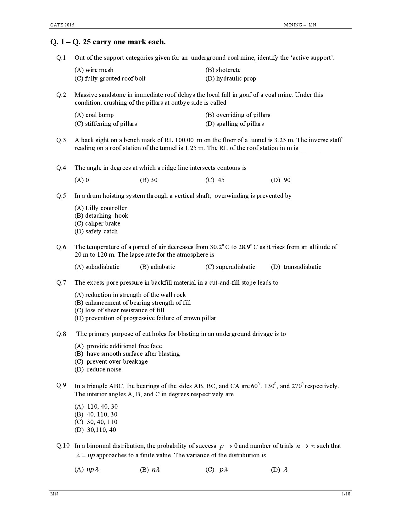 GATE Exam Question Paper 2015 Mining Engineering 1
