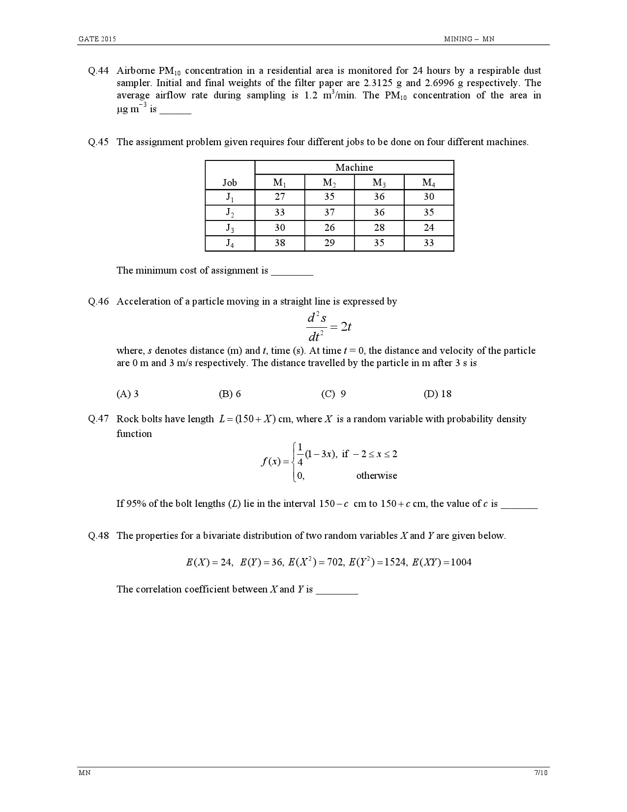 GATE Exam Question Paper 2015 Mining Engineering 7