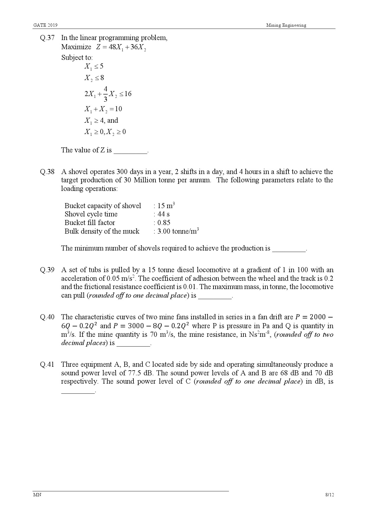 GATE Exam Question Paper 2019 Mining Engineering 11