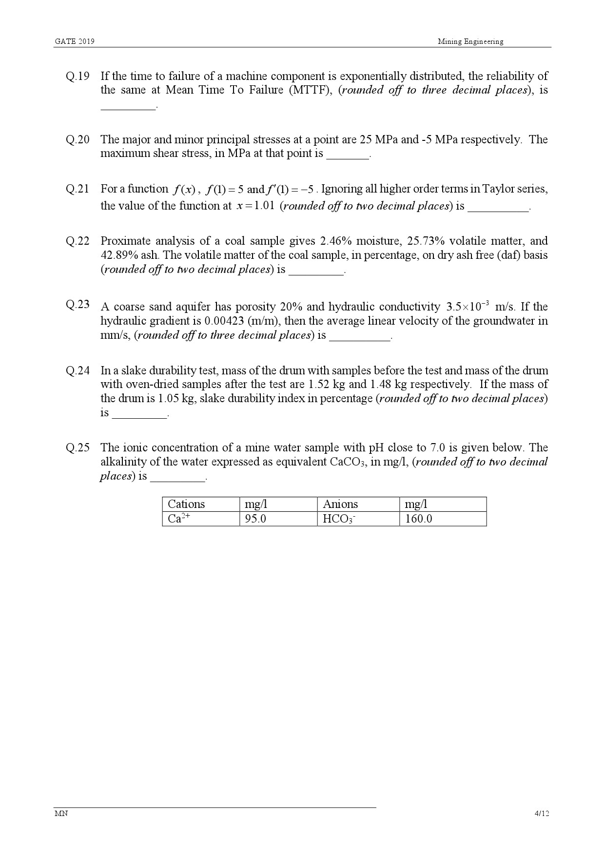 GATE Exam Question Paper 2019 Mining Engineering 7