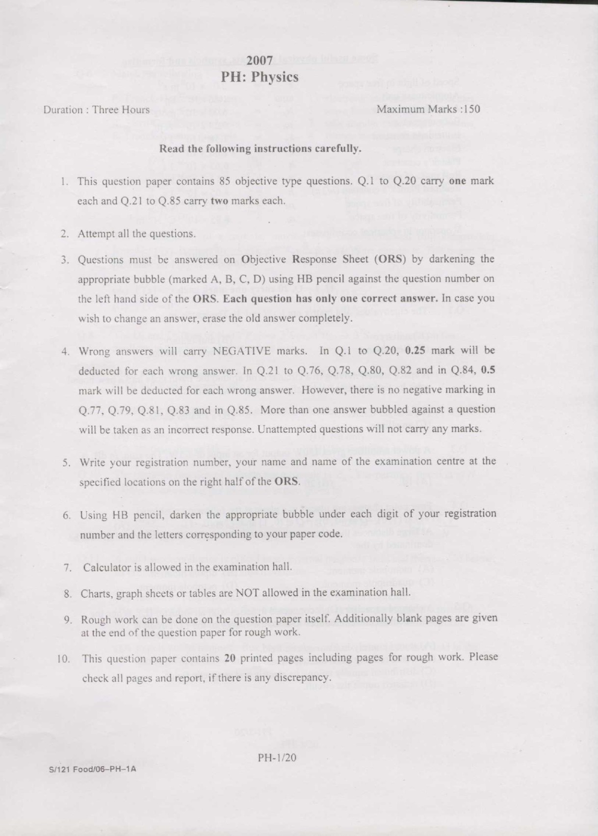 GATE Exam Question Paper 2007 Physics 1