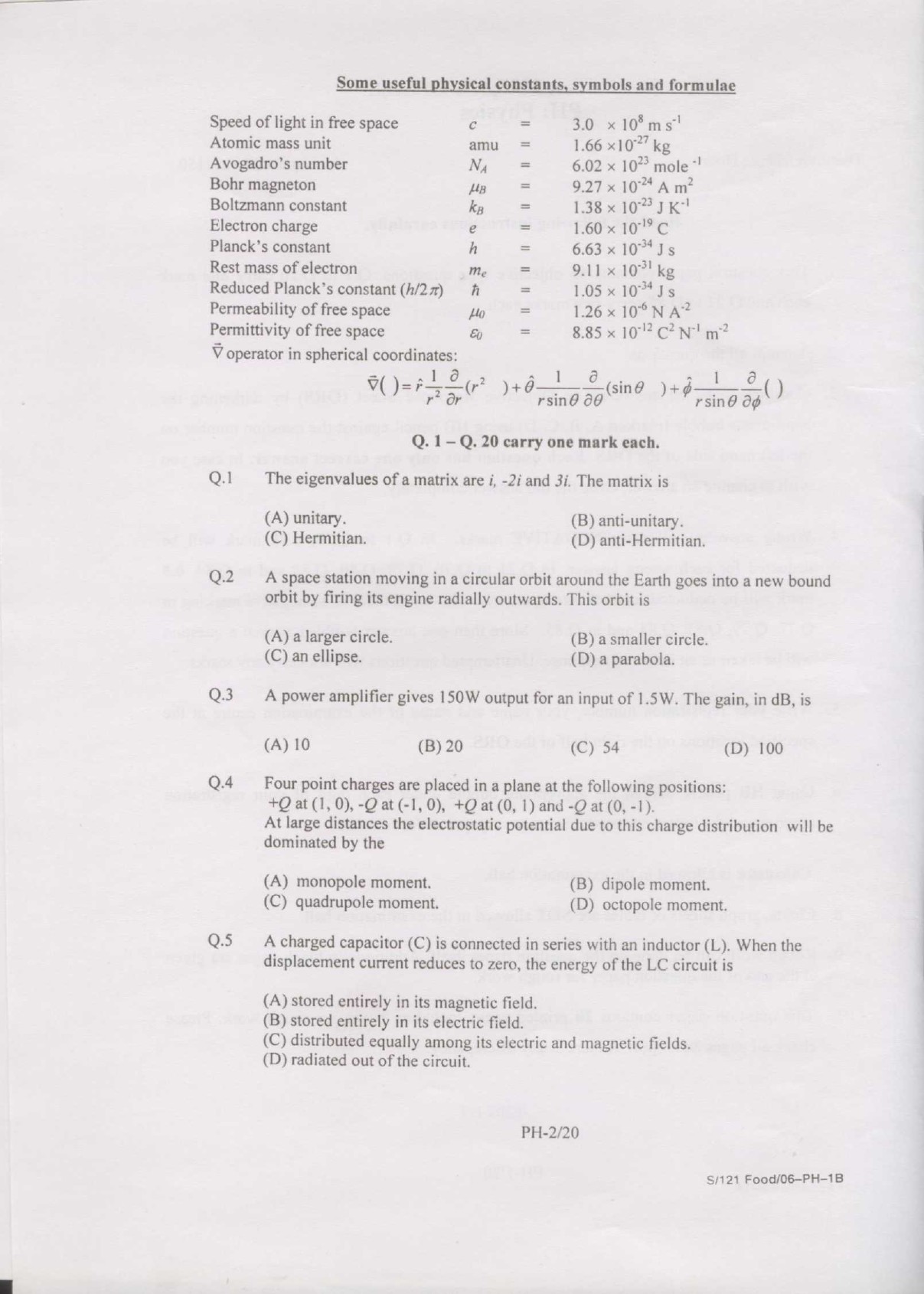 GATE Exam Question Paper 2007 Physics 2