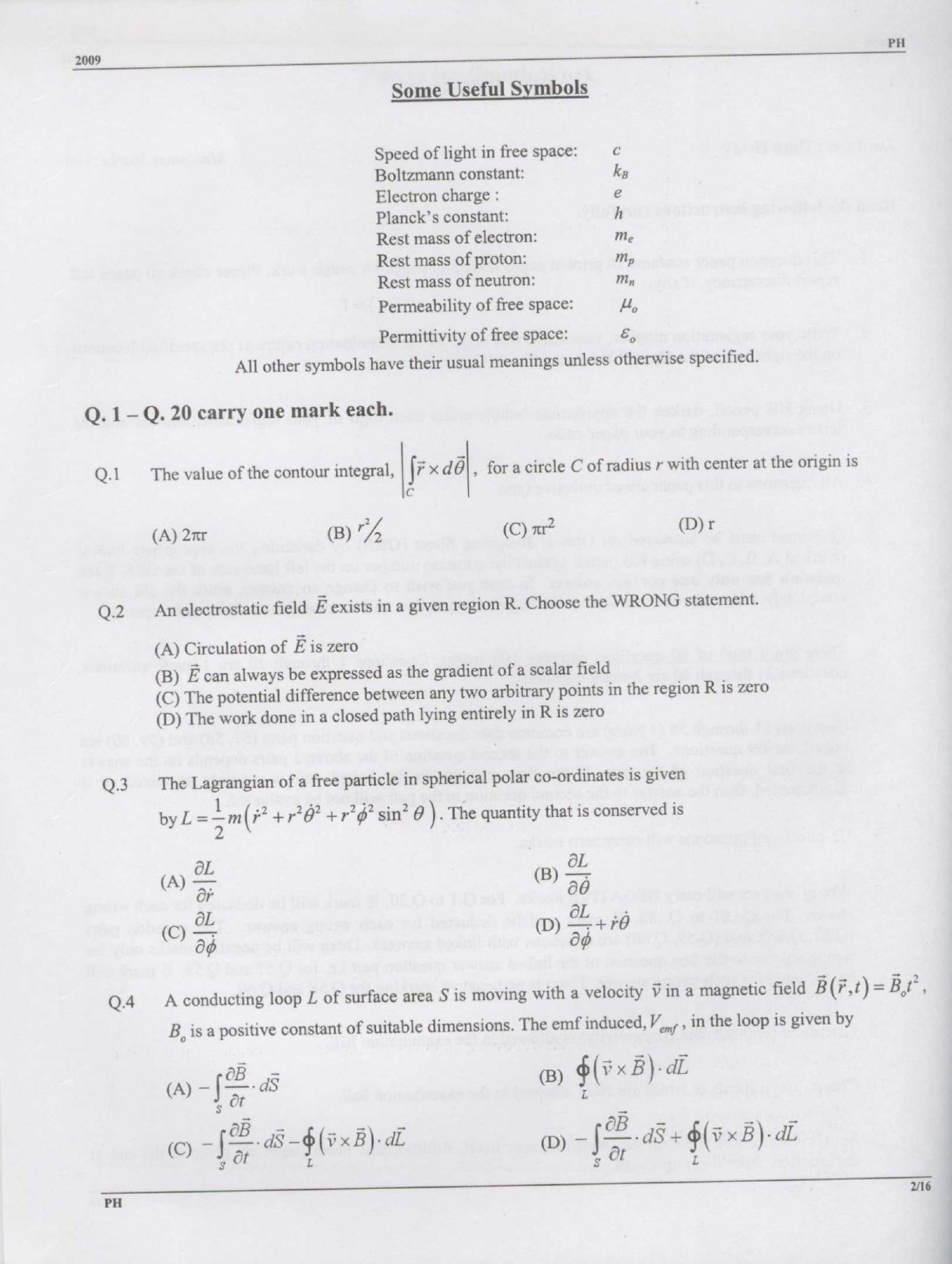 GATE Exam Question Paper 2009 Physics 2