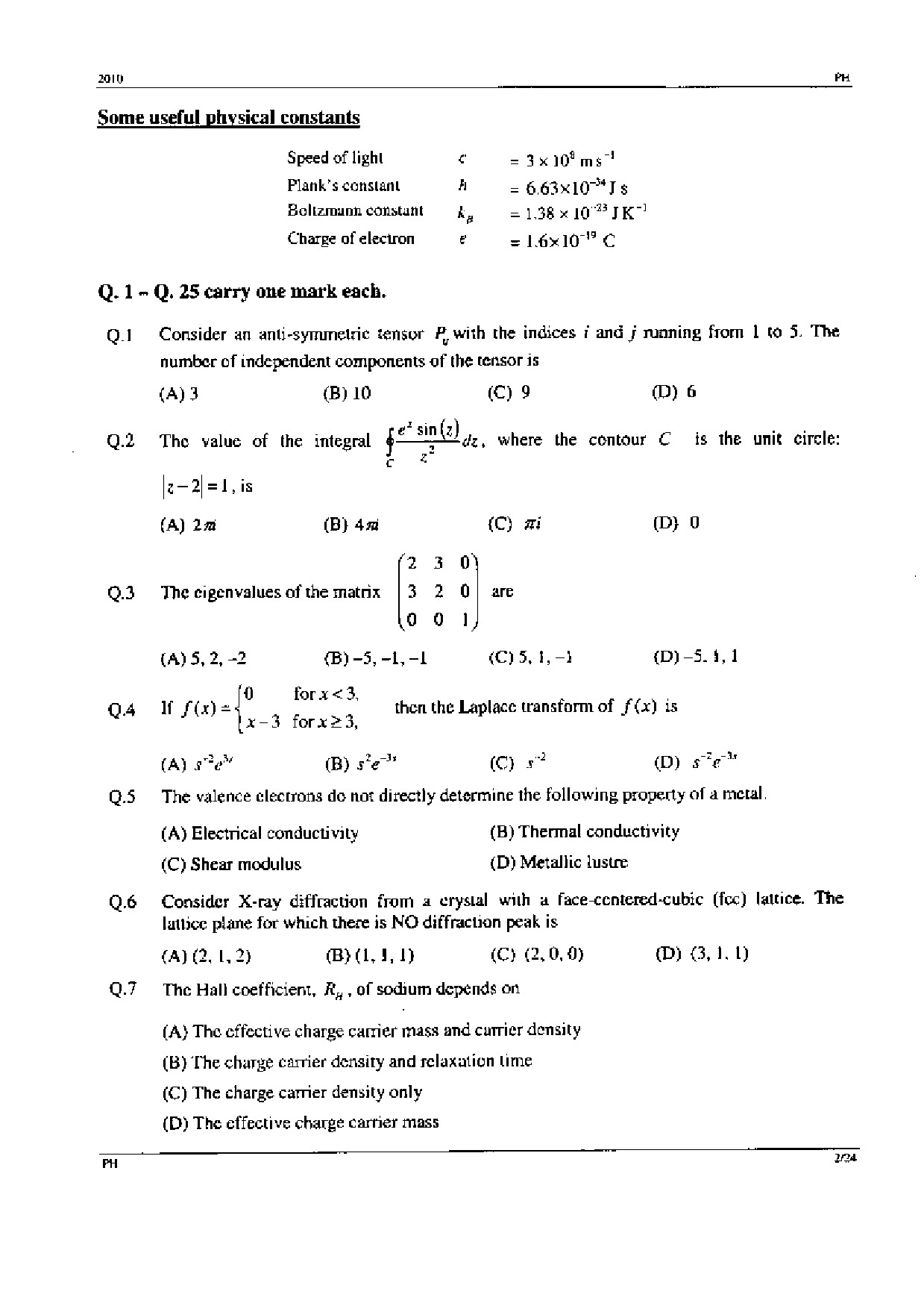 GATE Exam Question Paper 2010 Physics 2