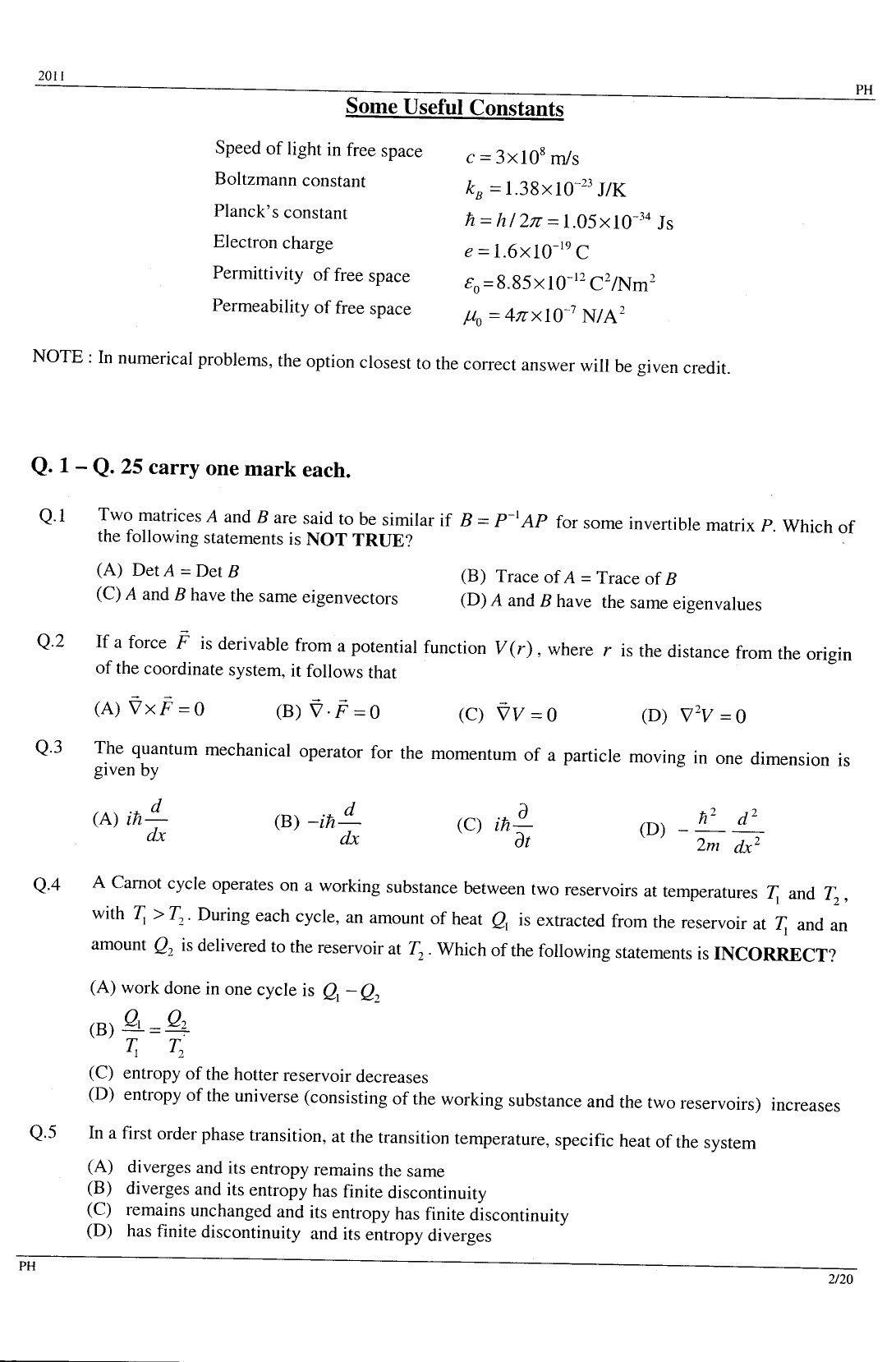 GATE Exam Question Paper 2011 Physics 2
