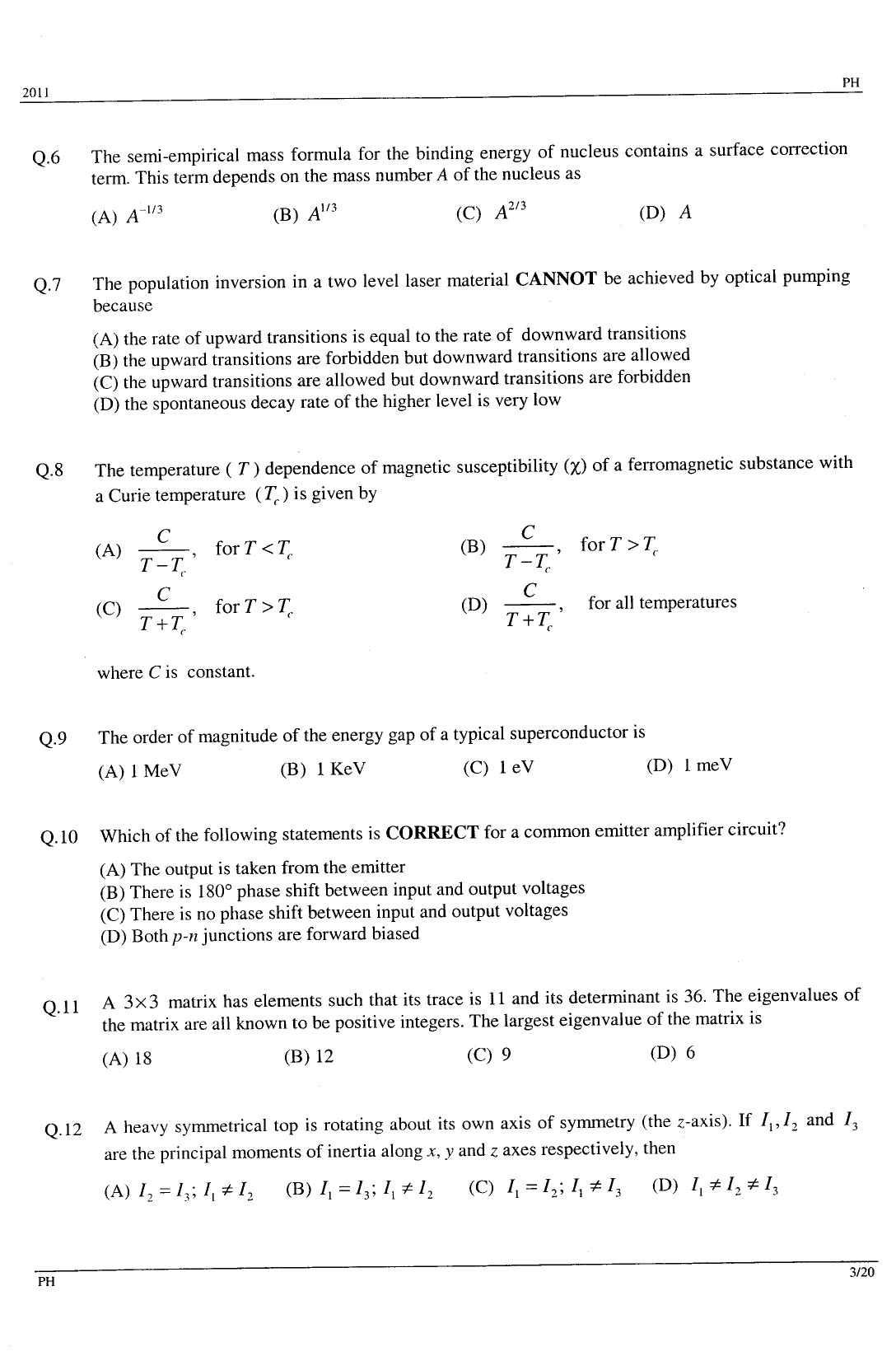 GATE Exam Question Paper 2011 Physics 3