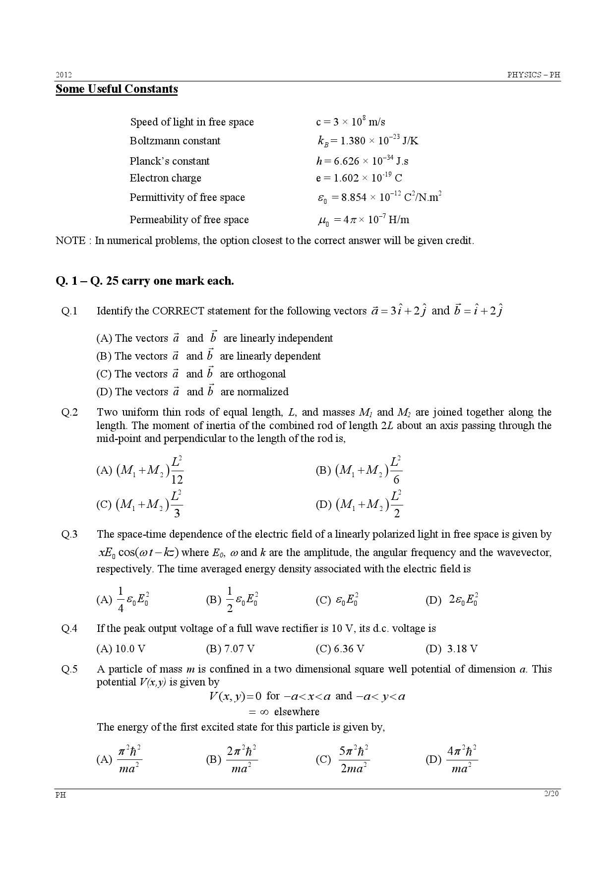 GATE Exam Question Paper 2012 Physics 2