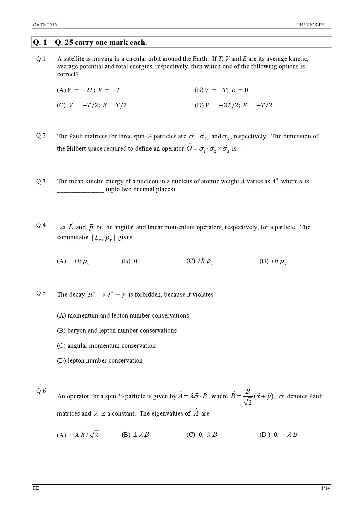 GATE Exam Question Paper 2015 Physics 1