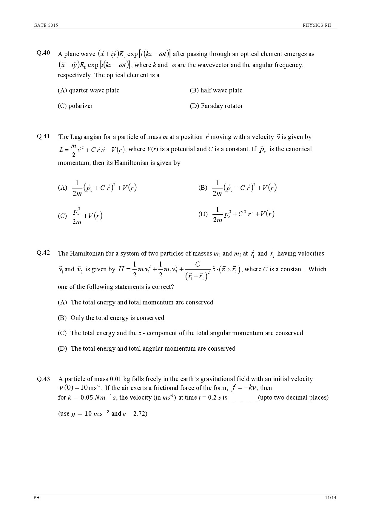 GATE Exam Question Paper 2015 Physics 11