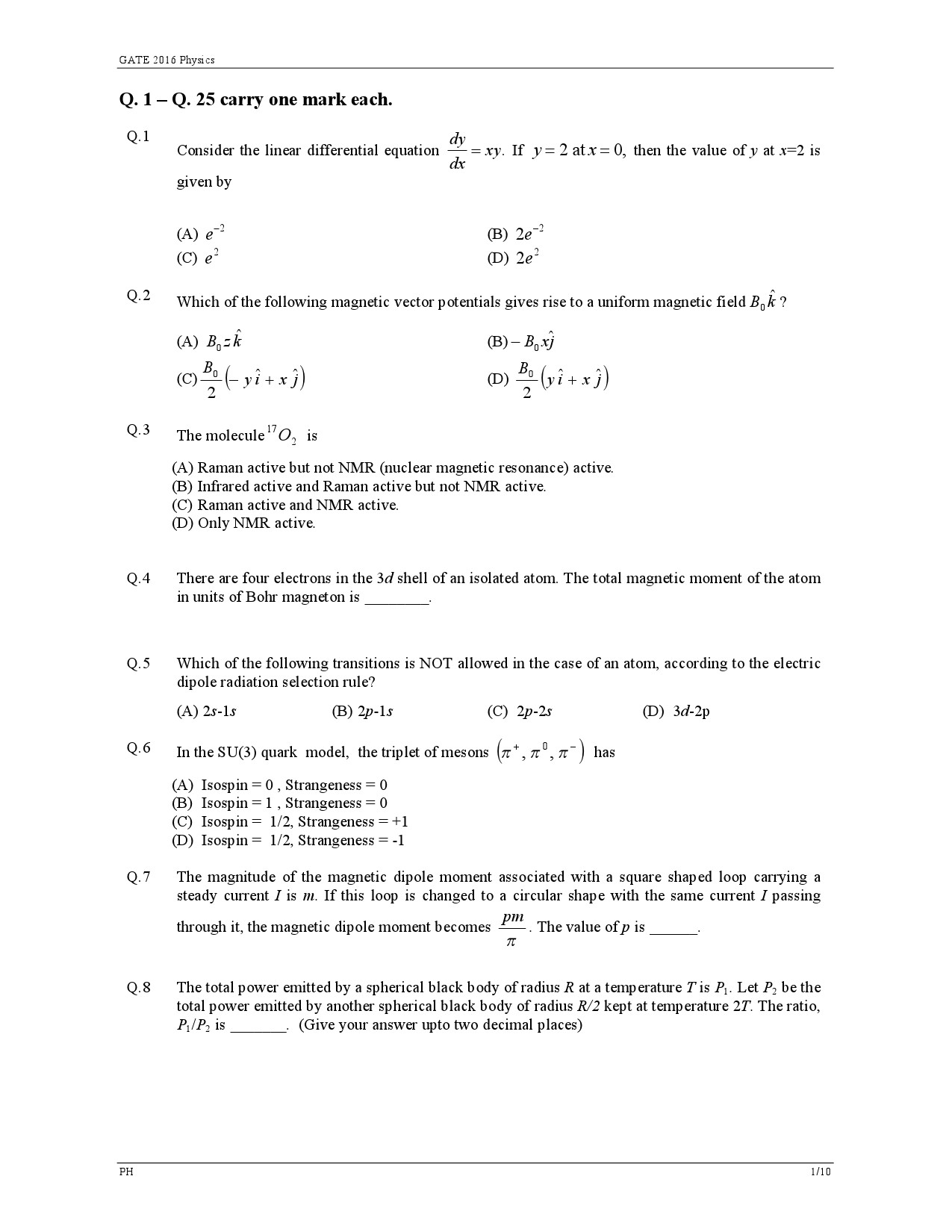GATE Exam Question Paper 2016 Physics 4
