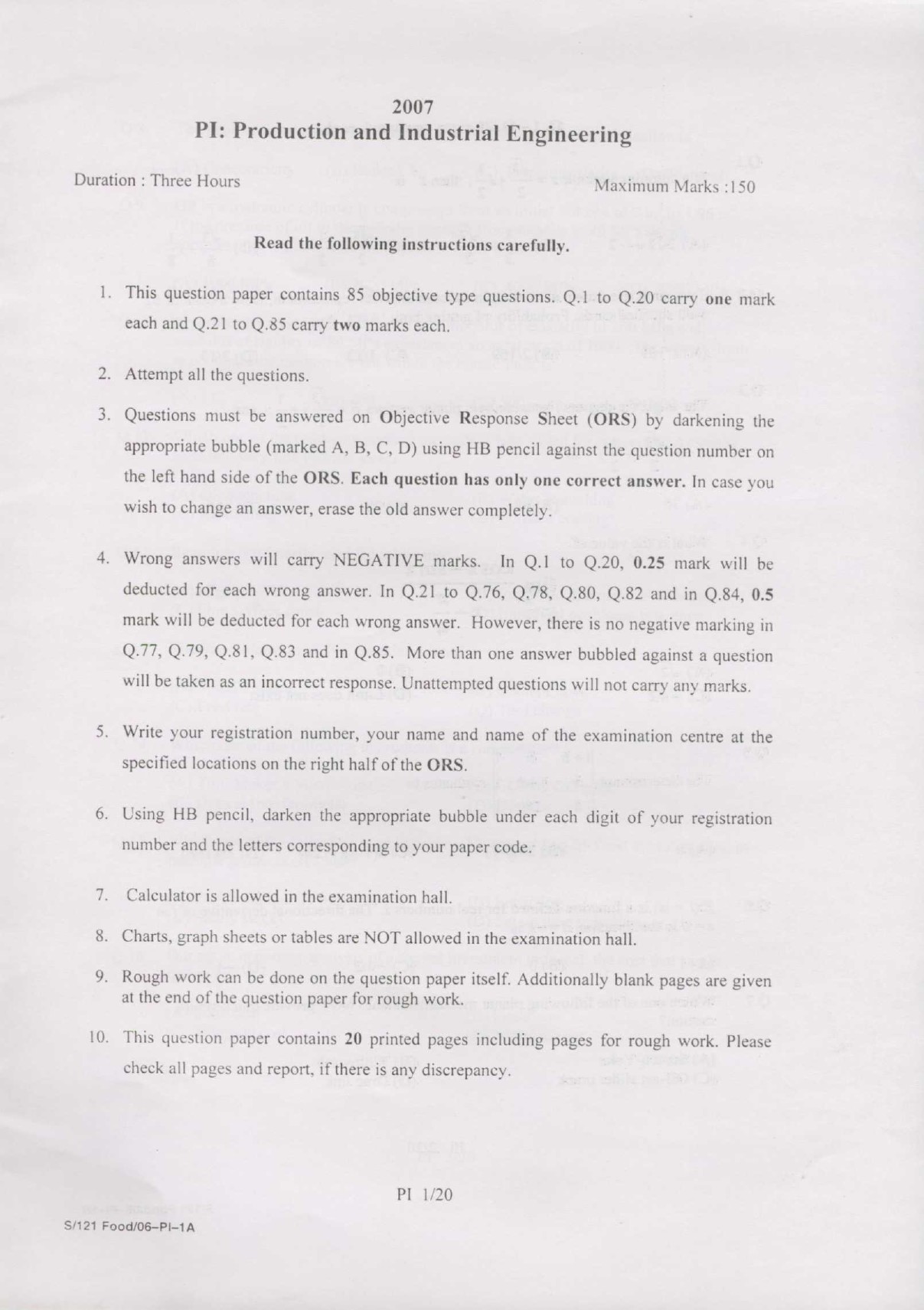 GATE Exam Question Paper 2007 Production and Industrial Engineering 1