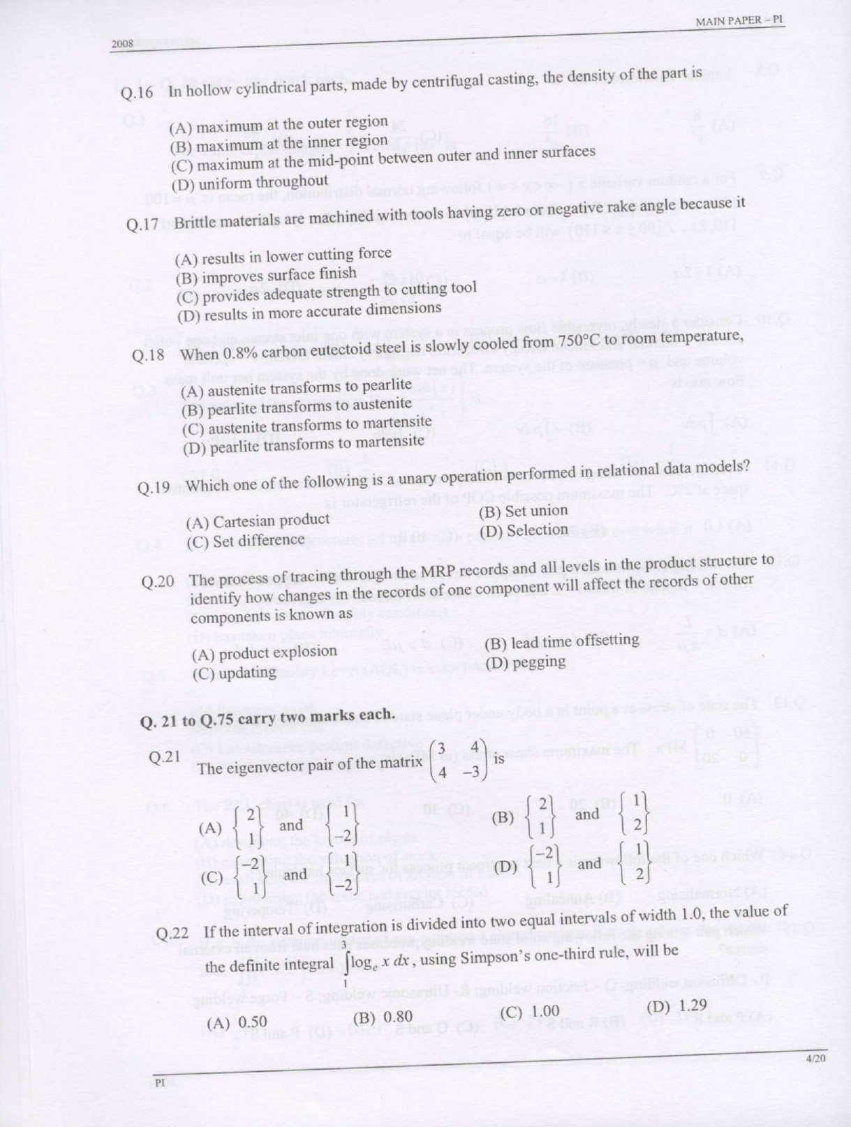 GATE Exam Question Paper 2008 Production and Industrial Engineering 4