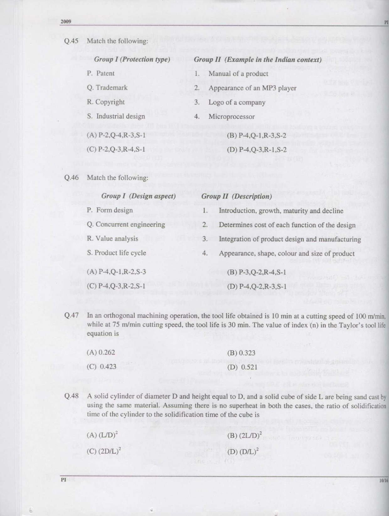 GATE Exam Question Paper 2009 Production and Industrial Engineering 10