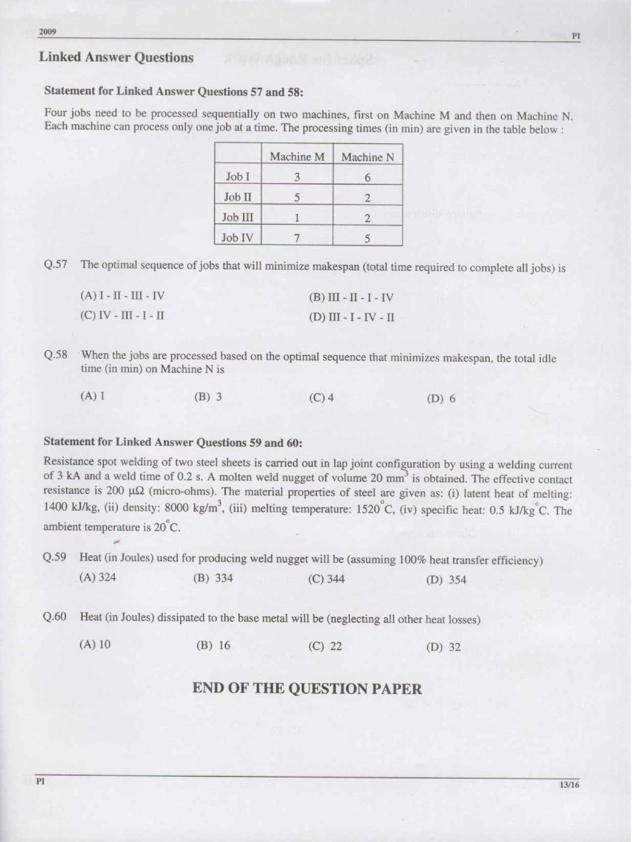 GATE Exam Question Paper 2009 Production and Industrial Engineering 13