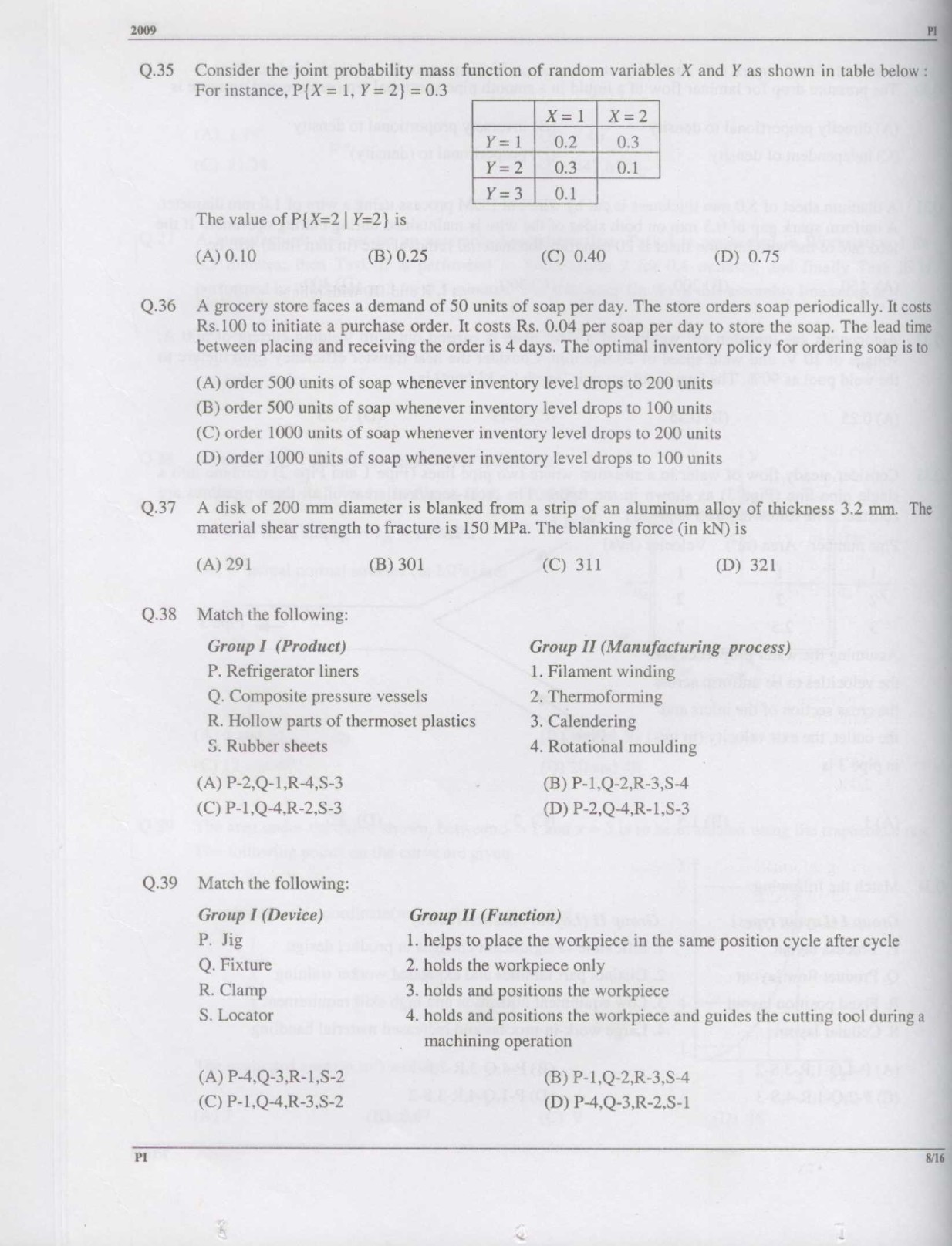 GATE Exam Question Paper 2009 Production and Industrial Engineering 8