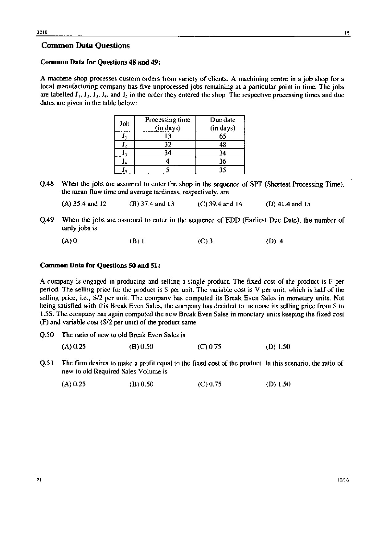 GATE Exam Question Paper 2010 Production and Industrial Engineering 10