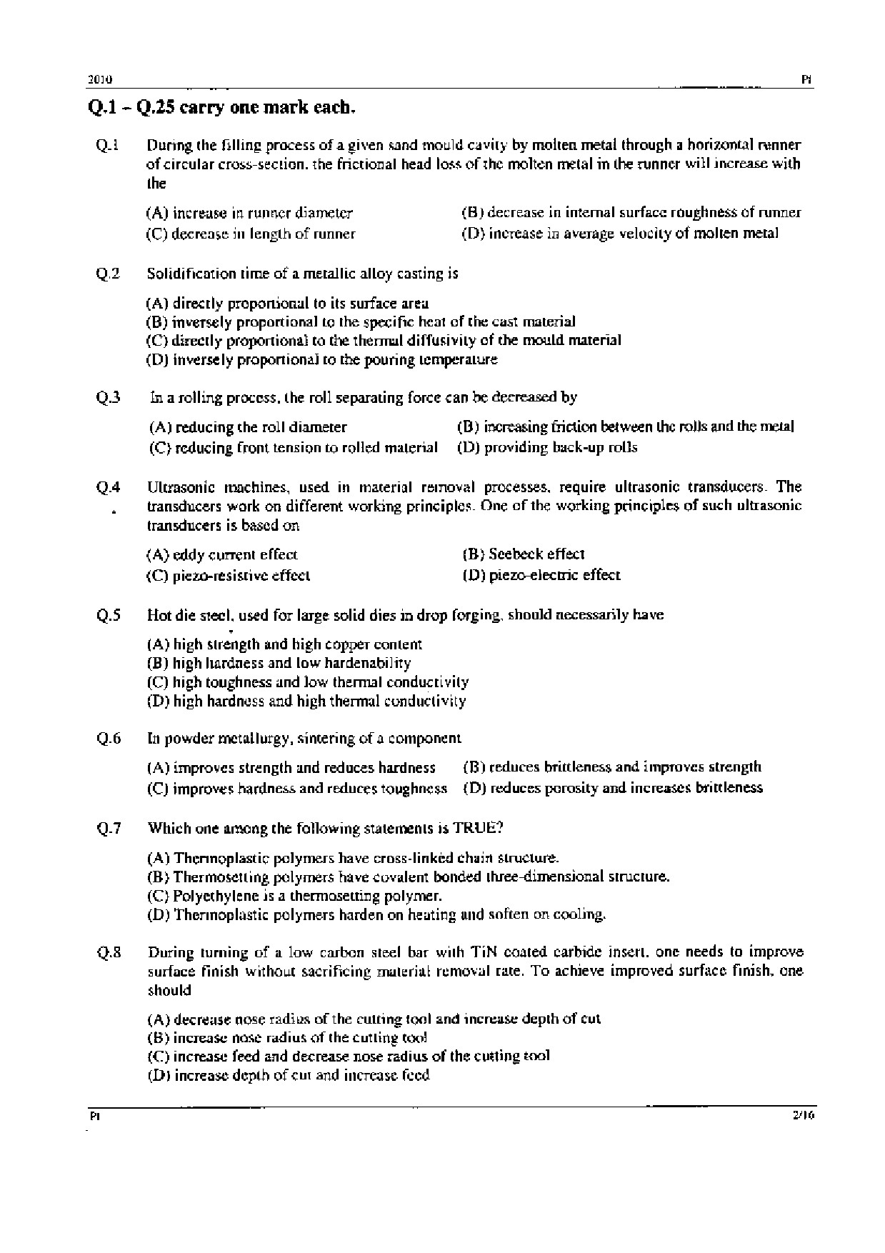 GATE Exam Question Paper 2010 Production and Industrial Engineering 2