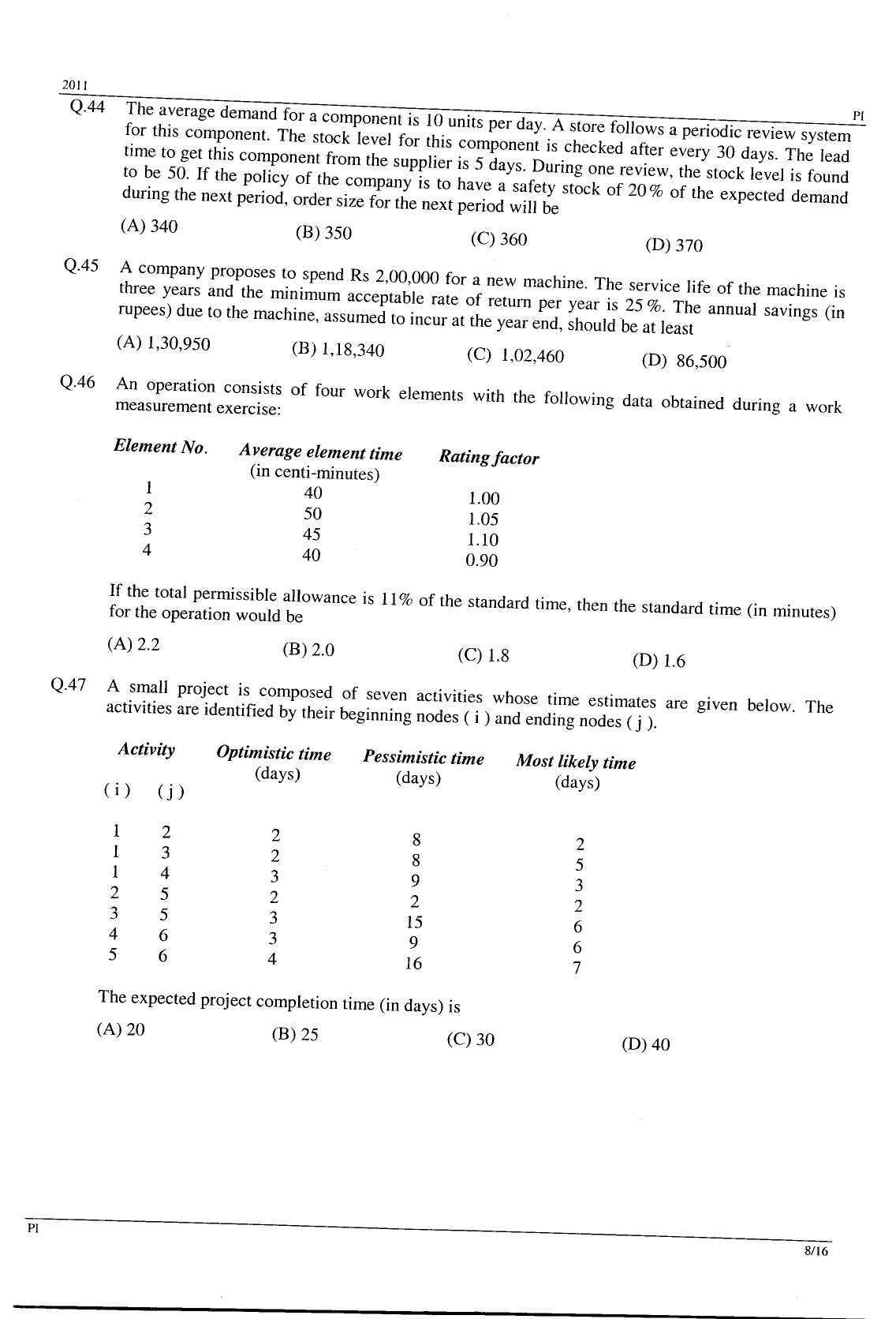 GATE Exam Question Paper 2011 Production and Industrial Engineering 8