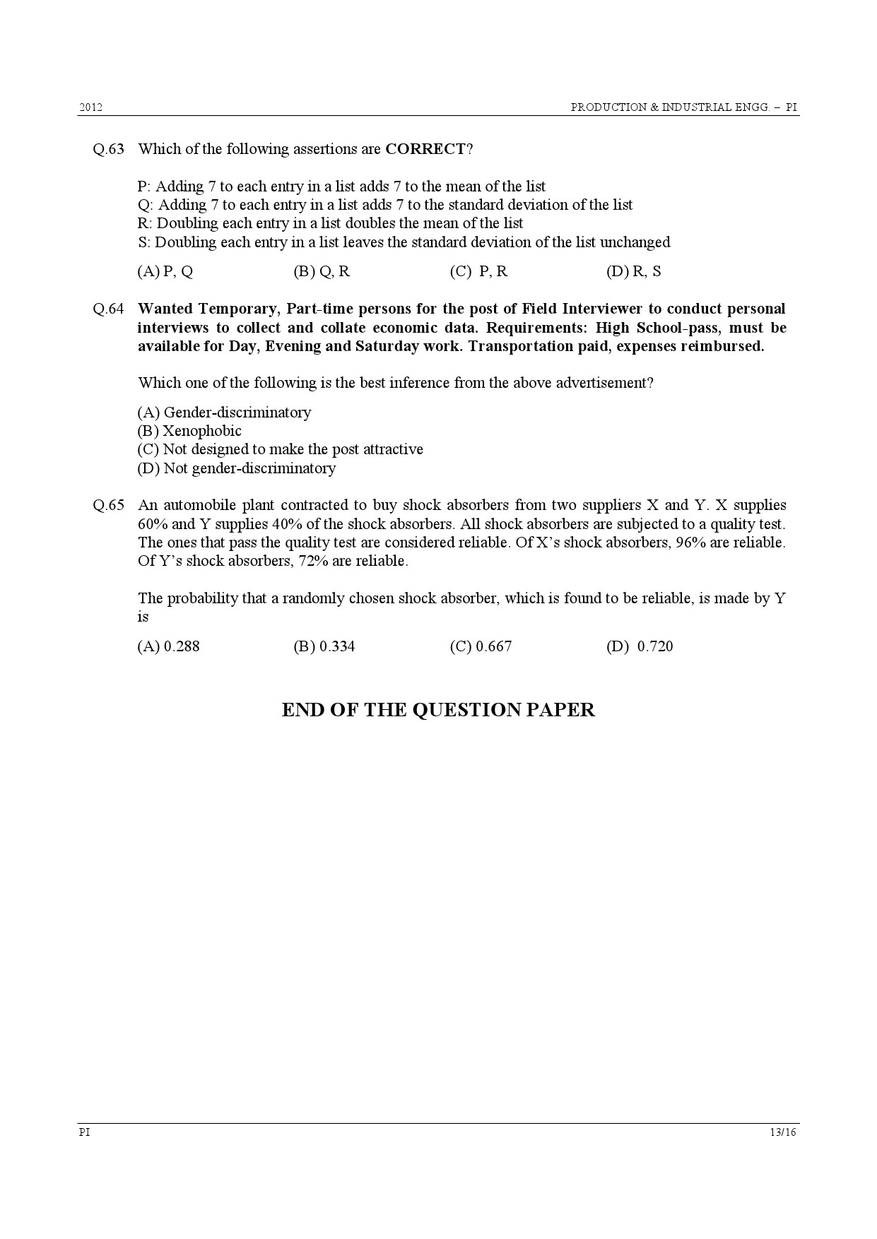 GATE Exam Question Paper 2012 Production and Industrial Engineering 13